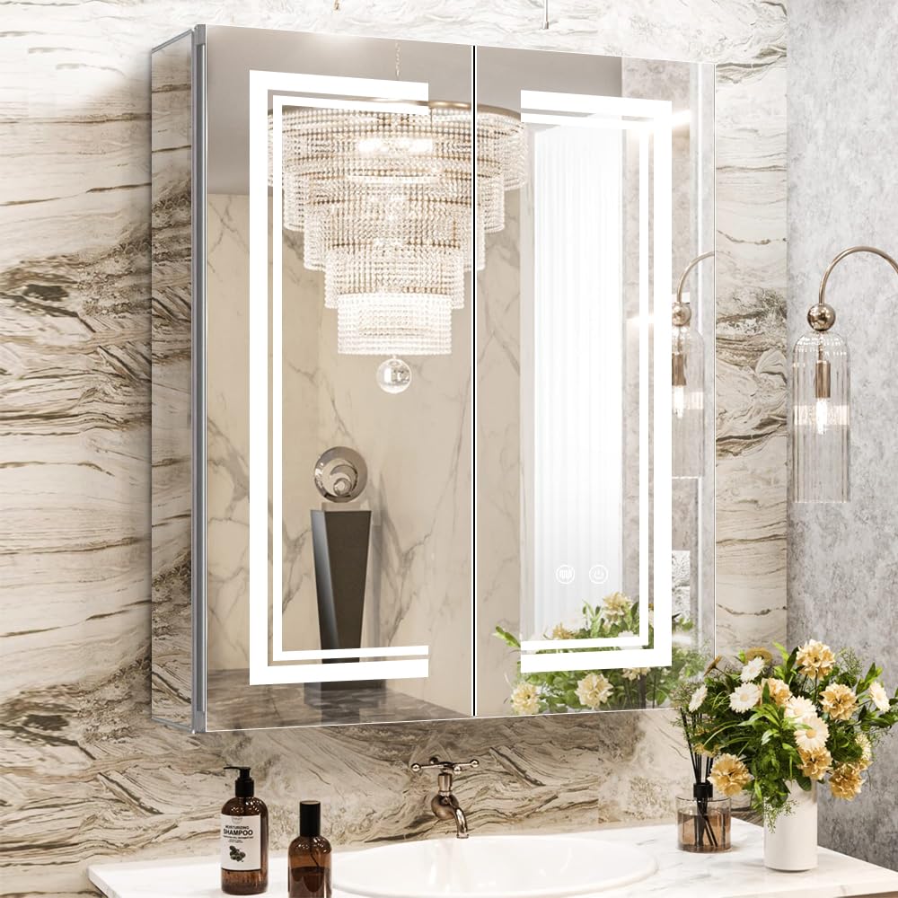 Janboe High-End Led Mirror Cabinet,Lighted Mirror Cabinet,3 Colors&Dimmable,Demister,Lighted Glass Shelf,USB Shaver Socket,Surface Mount or Recess