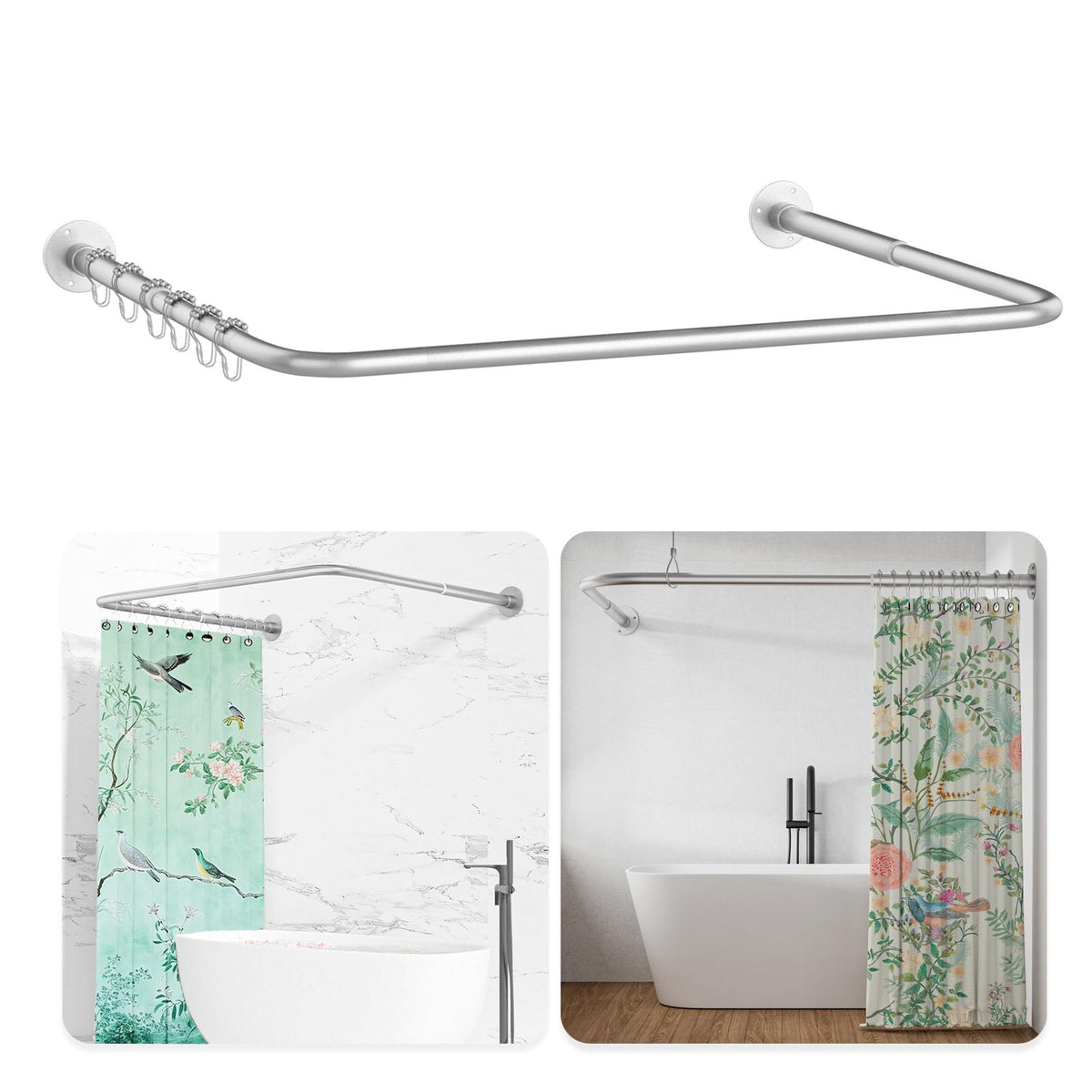 L Shaped/U Shaped Shower Curtain Rail, [60-92]X[78-198]X[60-92]cm Adjustable Shower Curtain Pole, Wall Mounted Curved Shower Rail With 12 Rings &