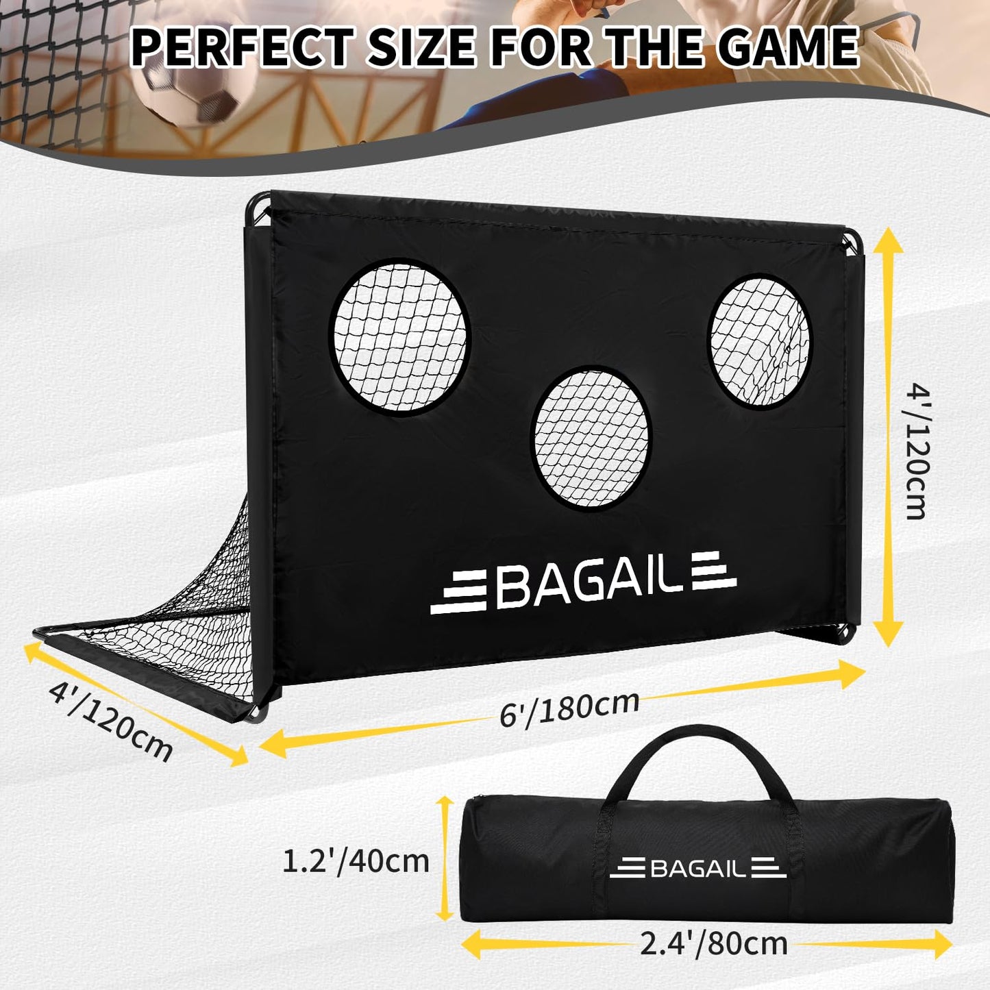 BAGAIL Soccer Goal with Target, 2-In-1 Designed, Football Goal, Portable Carry Bag, Easy to Set up, Ideal for Garden Shooting Training and