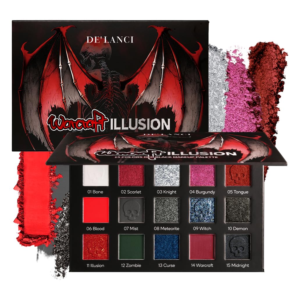 DE'LANCI Red Black Eyeshadow Palette,15 Colors Red Eyeshadow Goth Make-up,Gray Silver Shimmer Glitter Eyeshadow Palette,Burgundy Eye Shadow for