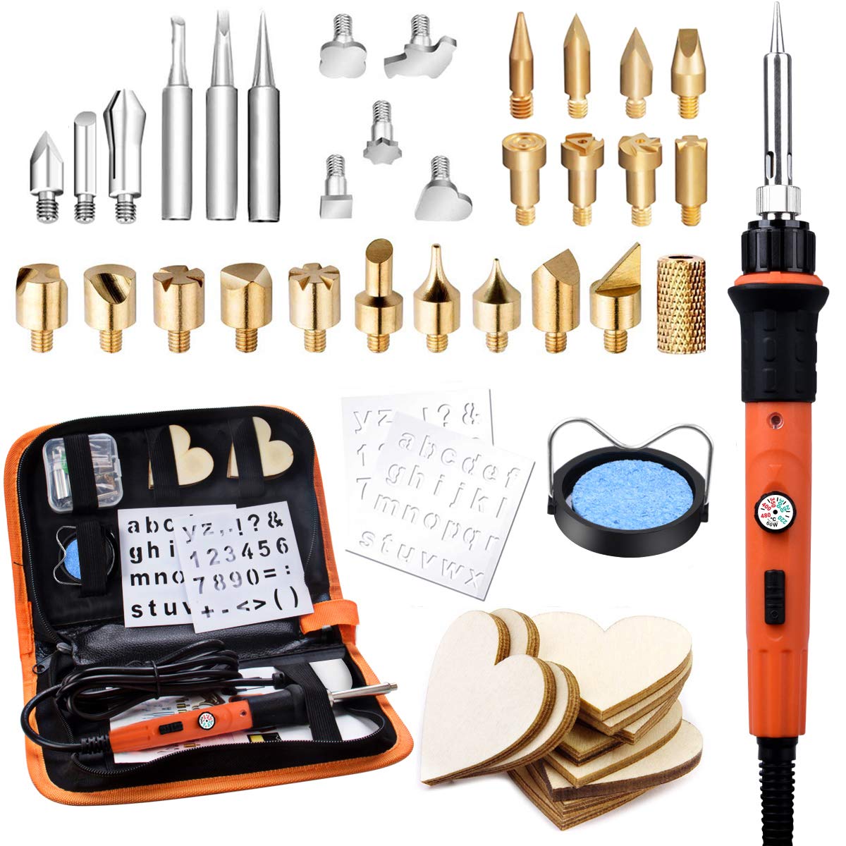 Wood Burning Kit, Preciva 45 in 1 Block Burn Pyrography Pen, Engraving Craft Kit with Pyrograph Basics and 60W Adjustable Temperature Soldering Irons