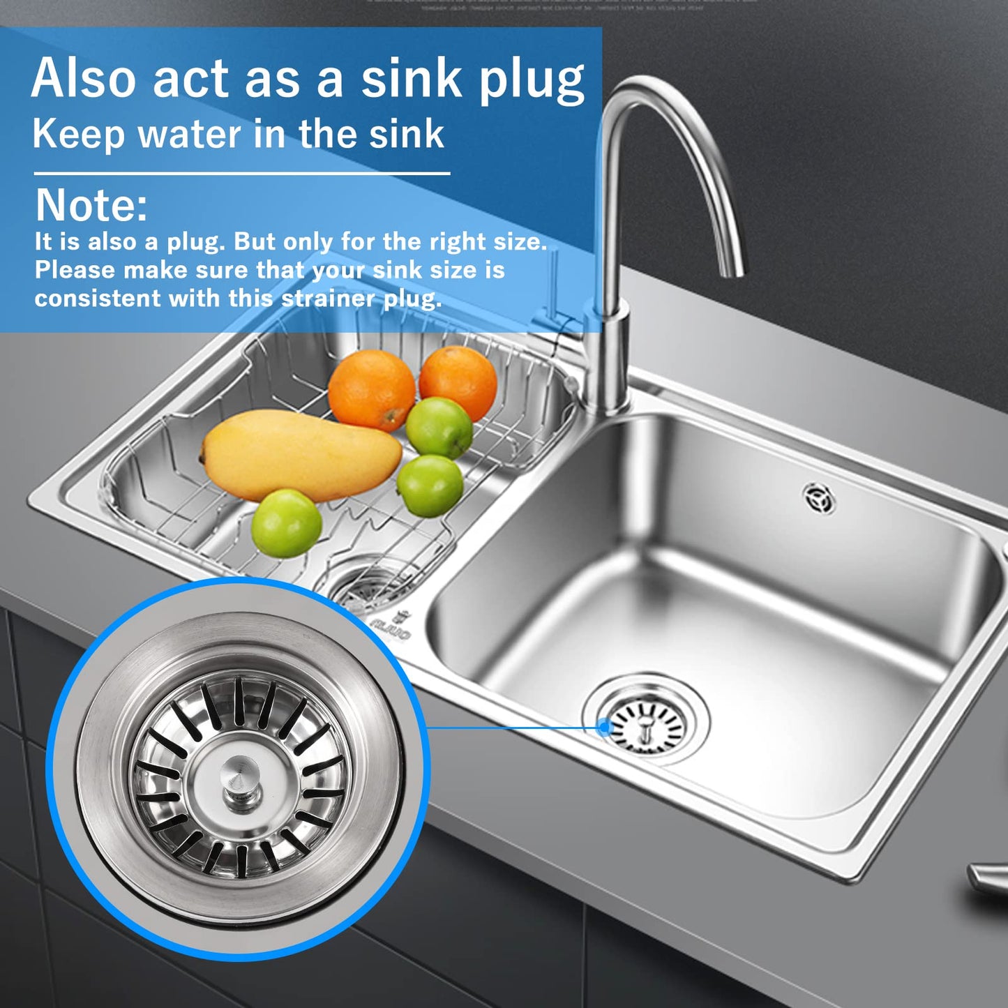80mm Kitchen Sink Bowl Strainer and Plug, Stainless Steel Sink Plug for Kitchen Bowl Use, Kitchen Bathroom Food Hair Catcher Filter Stopper