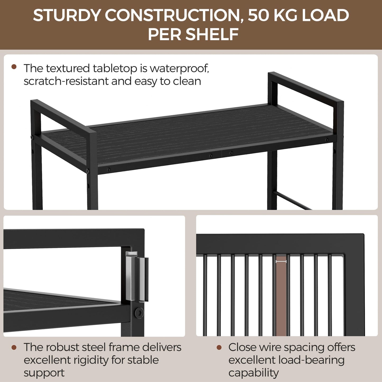 3-Tier kitchen trolley,Black Wood Top,60W×30Dcm,4 Hooks, Adjustable Shelves