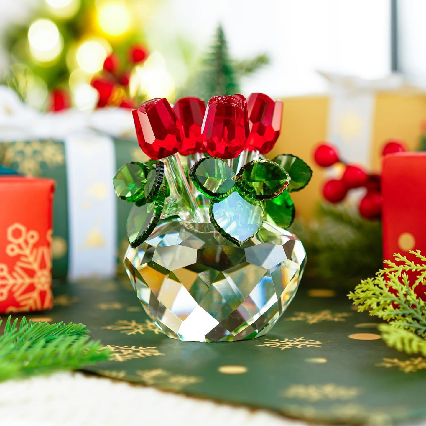 H&D HYALINE & DORA 4.5inch Spring Bouquet Crystal Glass Flowers Red Rose Figurine Ornament Gift-boxed