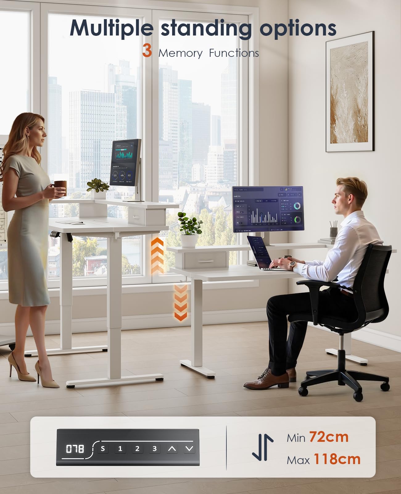 OffiGo Standing Desk with Drawers & Monitor Stand, USB Port, 120cm White