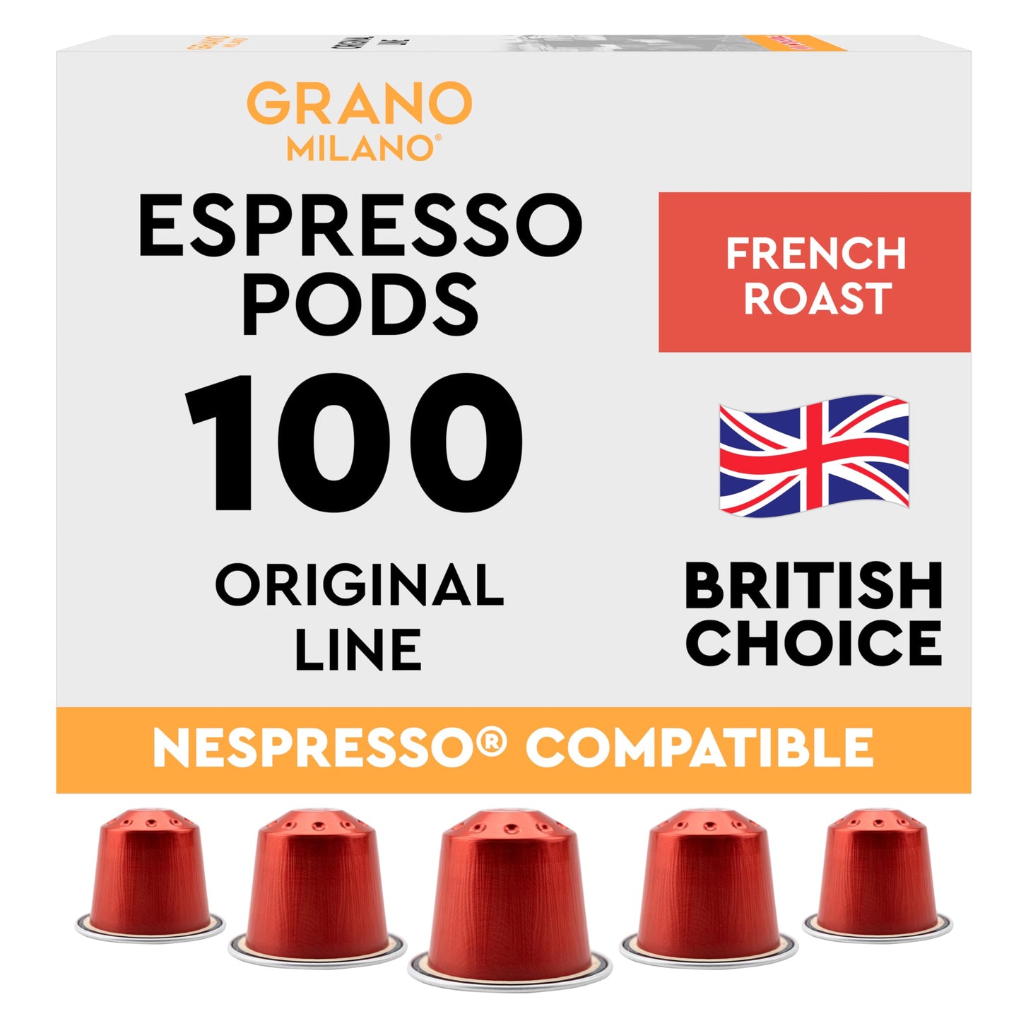 New Grano Milano French Roast Coffee Capsules - 100 Aluminium Coffee Pods Compatible with Nespresso Original line, Dark Roast - Intensity 10/12, Made