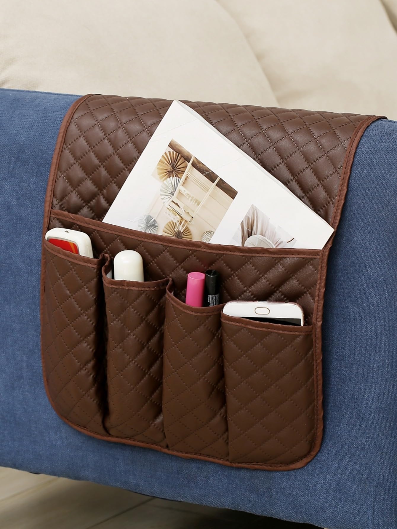 Hosoncovy PU Leather Sofa Armrest Organizer Couch Arm Storage Bag Sofa Arm Couch Caddy Anti-Spill Armrest Remote Control and Cellphone Organizer