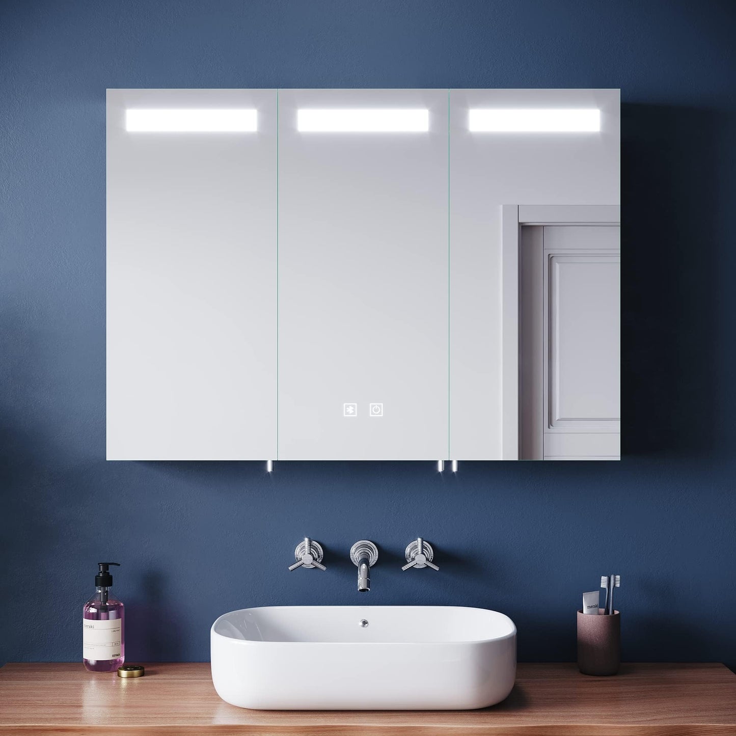 ELEGANT 900 x 650mm Bathroom Mirror Cabinet with Bluetooth and Shaver Socket Large LED Bathroom Storage Cabinet with 3 Mirrored Doors Illuminated