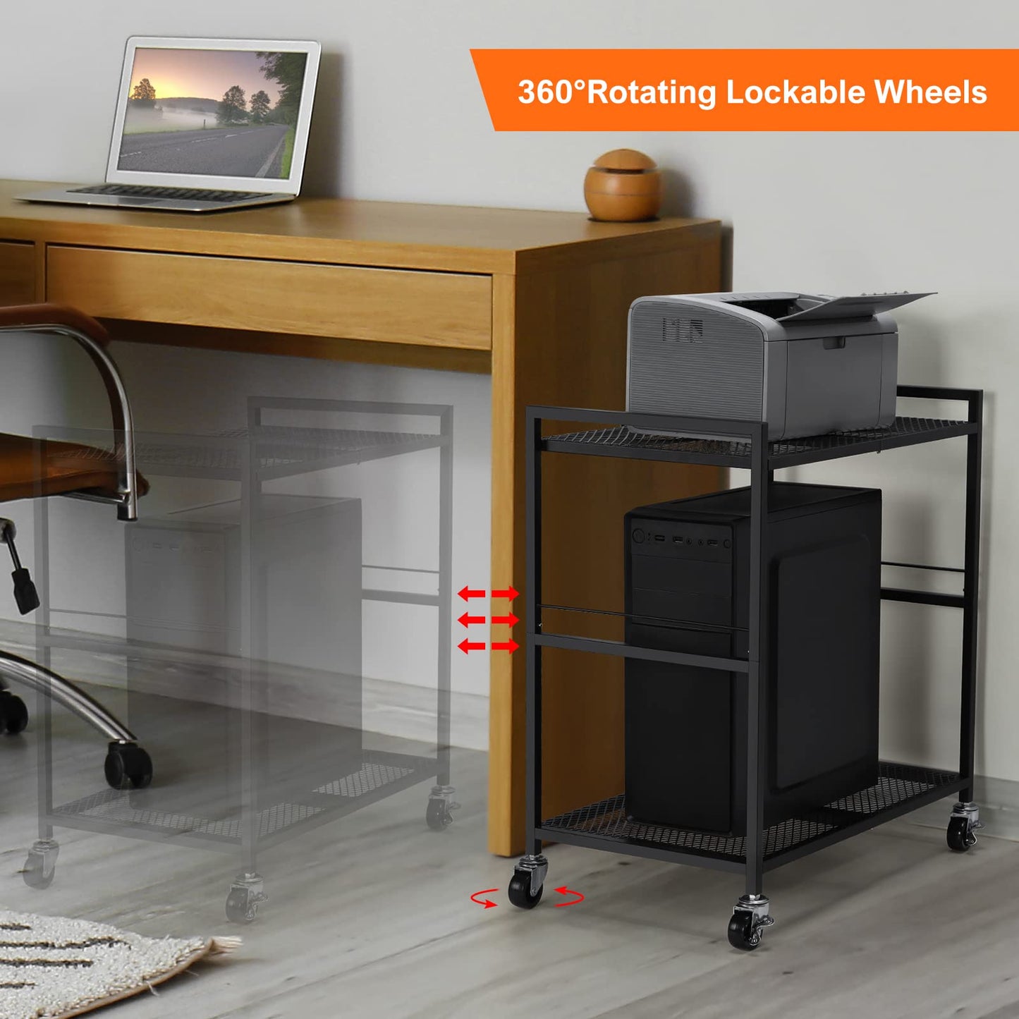 YBING Computer Tower Stand, PC Tower Stand Metal Mobile CPU Holder Stand Cart with Caster Wheels 2 Tier Rolling Printer Cart Under Desk for Fax Home