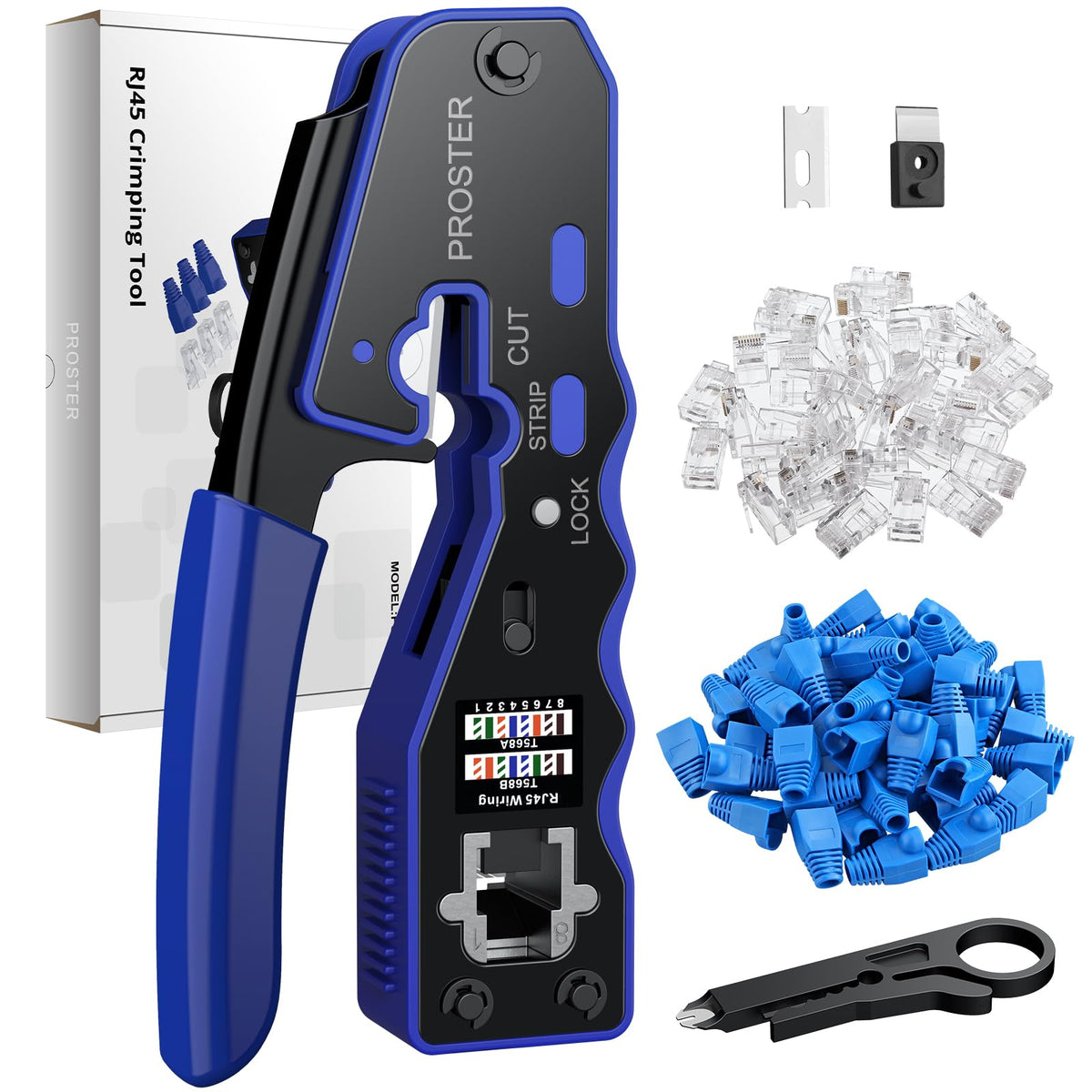 Proster RJ45 Crimp Tool Set - 3-in-1 RJ45 Crimping Tool Kit with 50 PCS CAT6 Pass Through Connectors 50 PCS RJ45 Cat6 Protection Covers RJ45 Pass