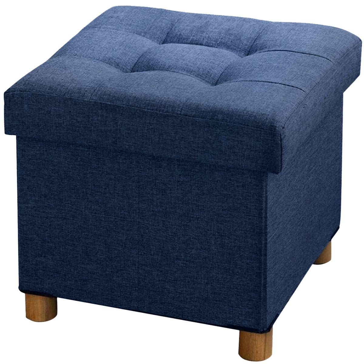 BRIAN & DANY Folding Ottoman Storage Box with Wood Legs, Linen Foot Stool, Footstool with Storage, Highly Elastic Sponge Filling, Navy Blue, 38 x 38 x