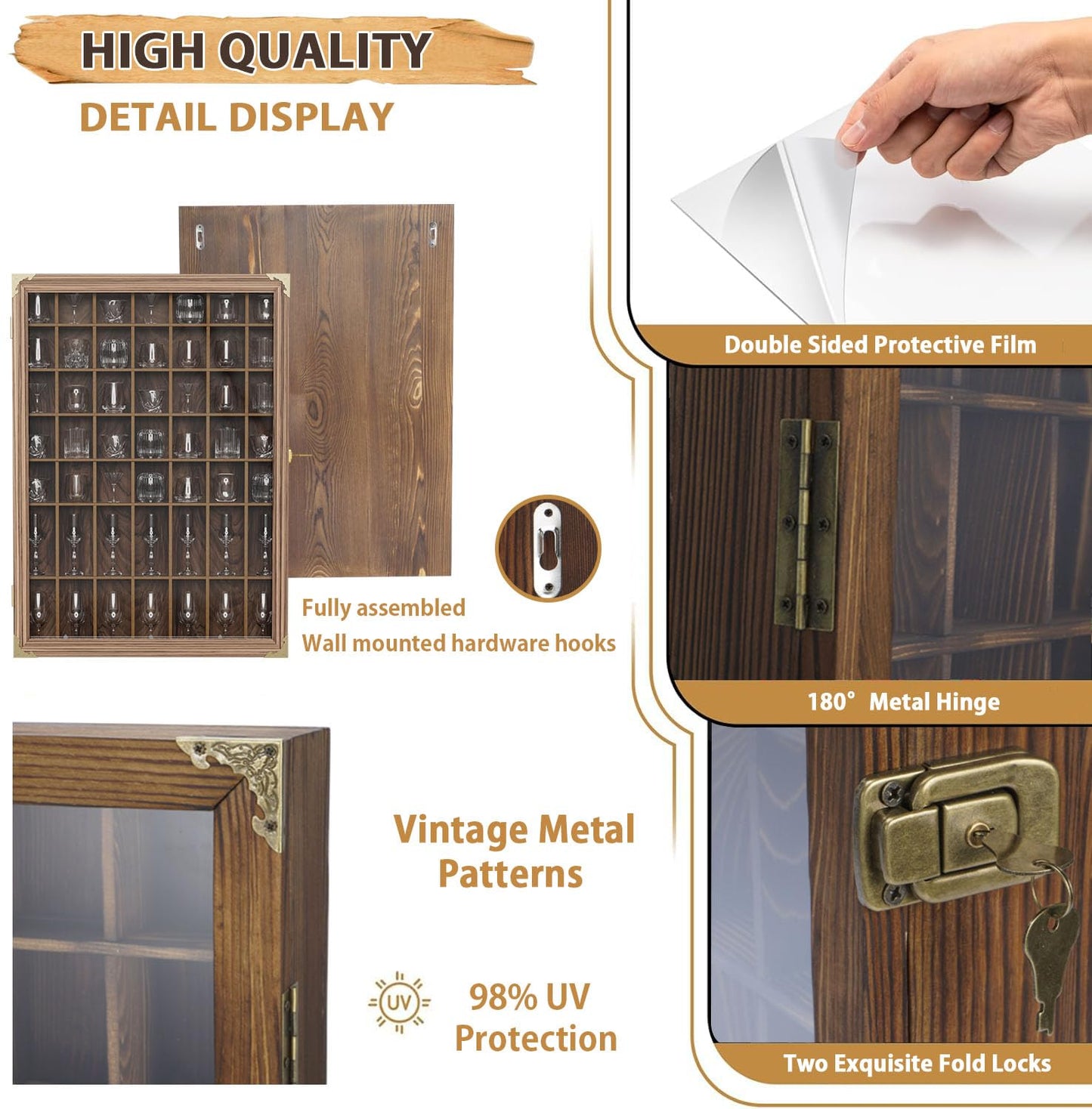 ybaymy Shot Glass Display Case 49 Shot Glass Holder with Removable Shelve Wall Mounted Shadow Box Lockable with UV Protection Acrylic Glasses Door