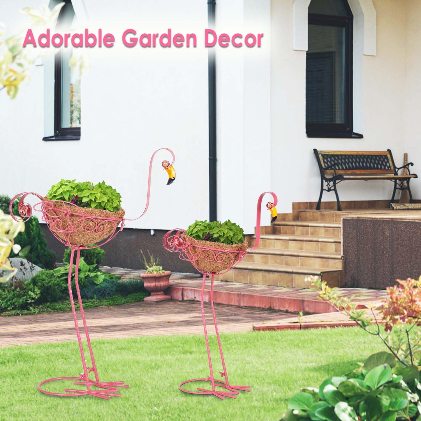 Kikth Set of 2 Flamingo Garden Bird Planters, Outdoor Flamingo Yard Decoration with Basket, Pink Flamingo Patio Metal Planter for Garden, Yard, Lawn,