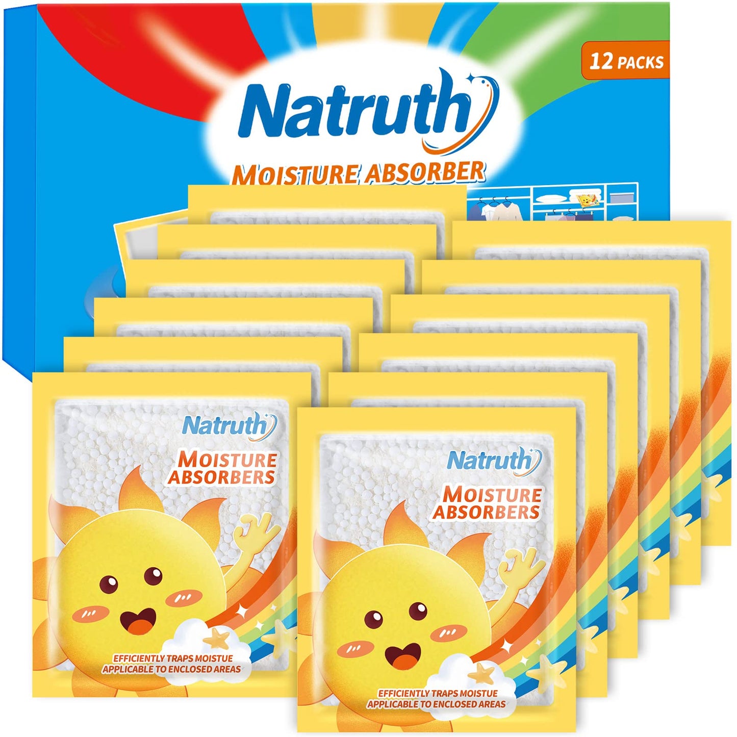 NATRUTH 12-PACK Moisture Absorber Bags, Dehumidifier Bags for Wardrobe,Drawers Cupboards,Caravan,suitcases,Eliminates Odors,Dehumidifier Bags for