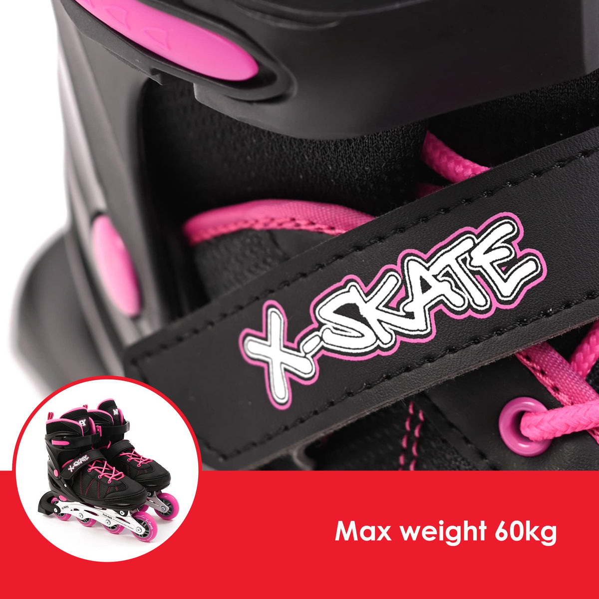 M.Y X-Skate Adjustable Pink Inline Roller Skates with Built In Adjusters Kids Roller Boots for Boys & Girls - Medium