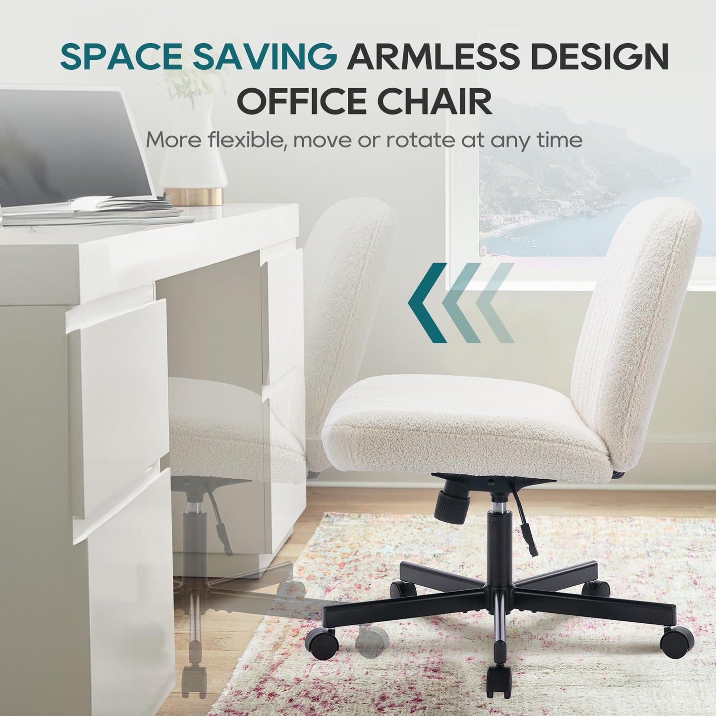 COLAMY Wide Office Chair, Padded Armless Task Vanity Chair Swivel Home Office 115°Rocking Mid Back Ergonomic Computer Chair for Home Working, Make Up