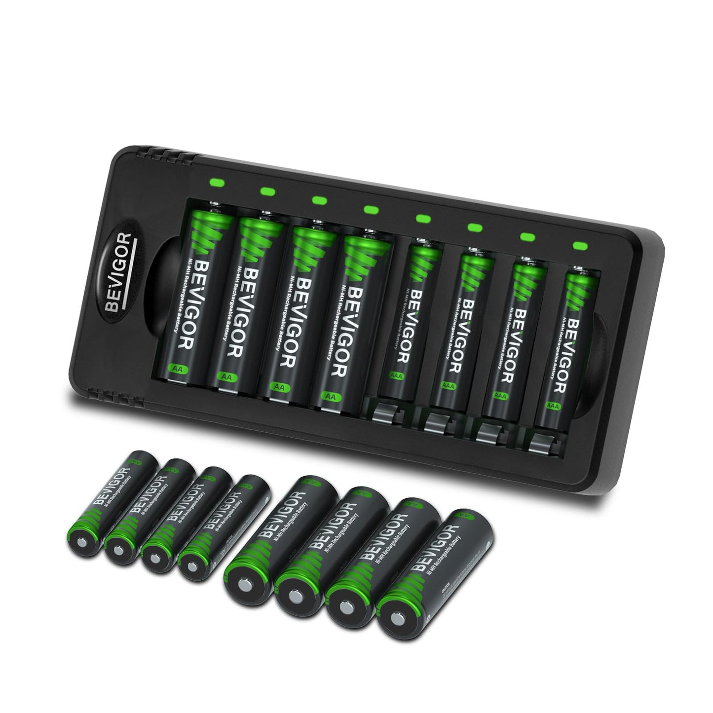 BEVIGOR AA & AAA Rechargeable Batteries with Charger Set, 8 Pcs AA 2800mAh & 8 Pcs AAA 1100mAh Ni-MH Batteries with 8 Independent Slot Battery