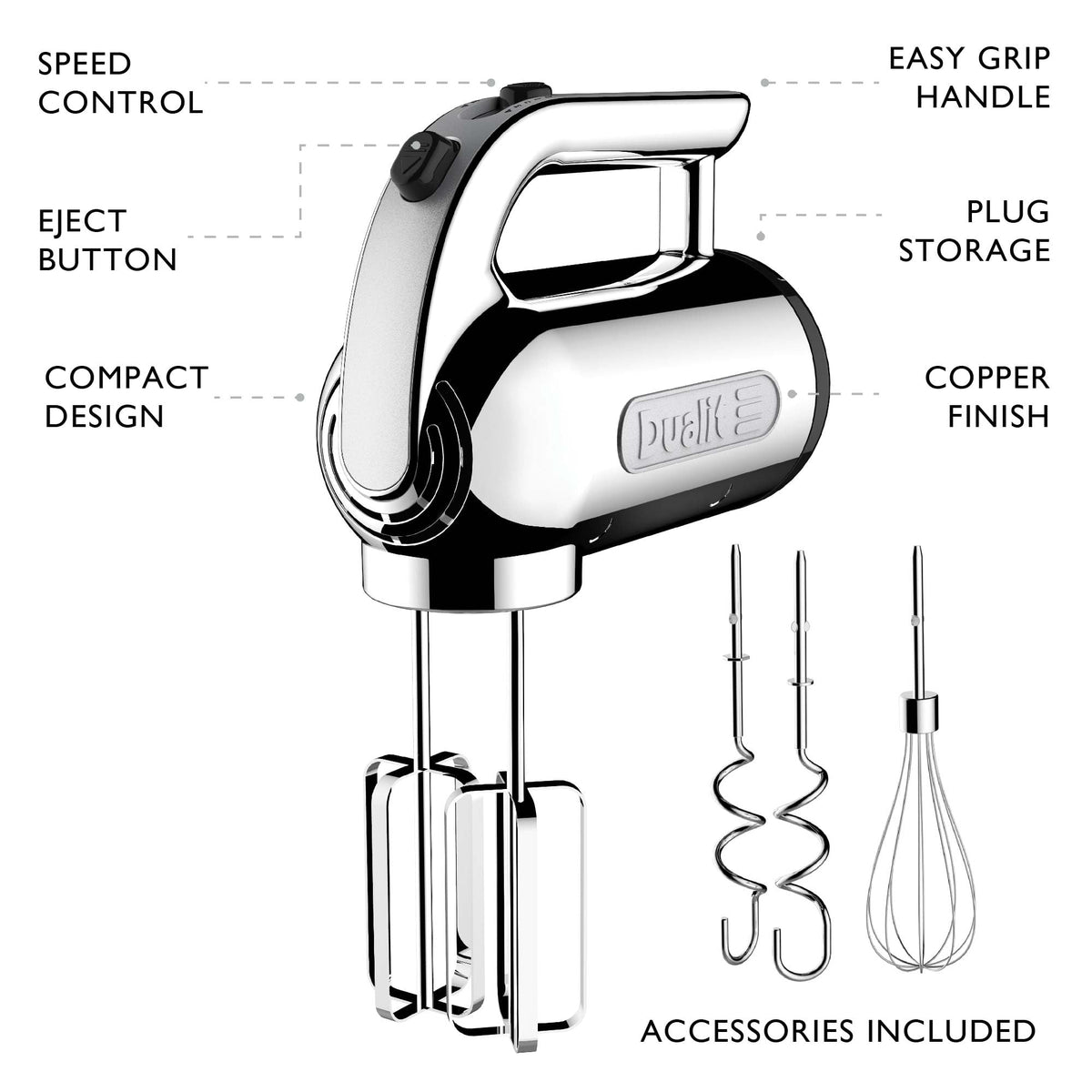 Dualit Hand Mixer Chrome - 400W - Strong Grip Handle - Attachments Included - Integral Plug Storage - 4 Speed Settings - Repairable gears - Flat