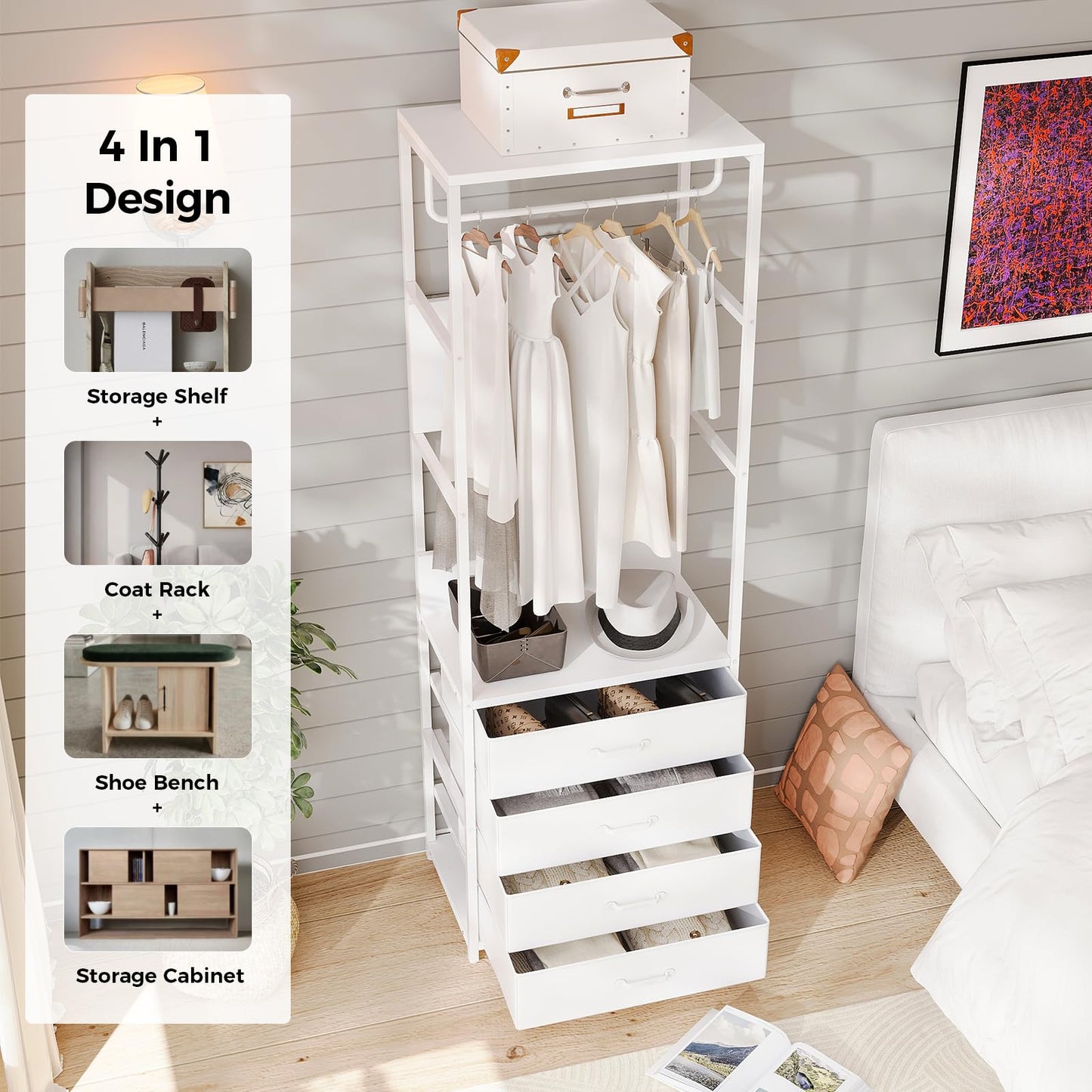 VOWNER Hall Tree Entryway Organizer with 4 Drawers Bench White Rod