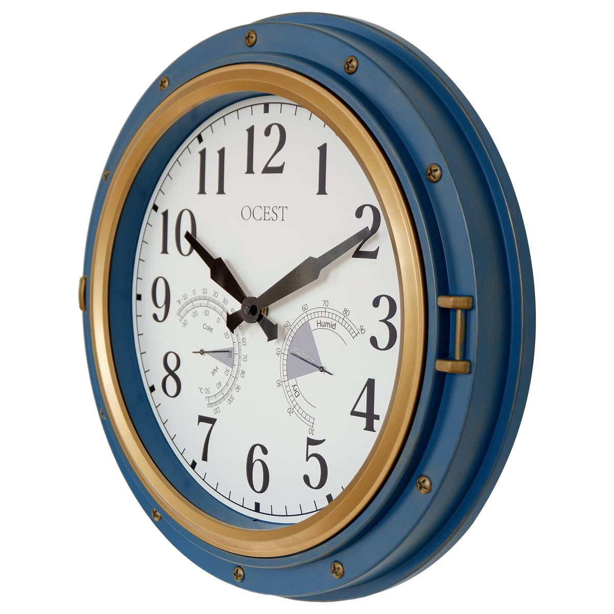 OCEST 16 Inch Garden Clocks Outdoor Waterproof, Large Thermometer, Hygrometer, Retro Design, Non-Ticking Battery Operated for Home Decor Patio (Blue)