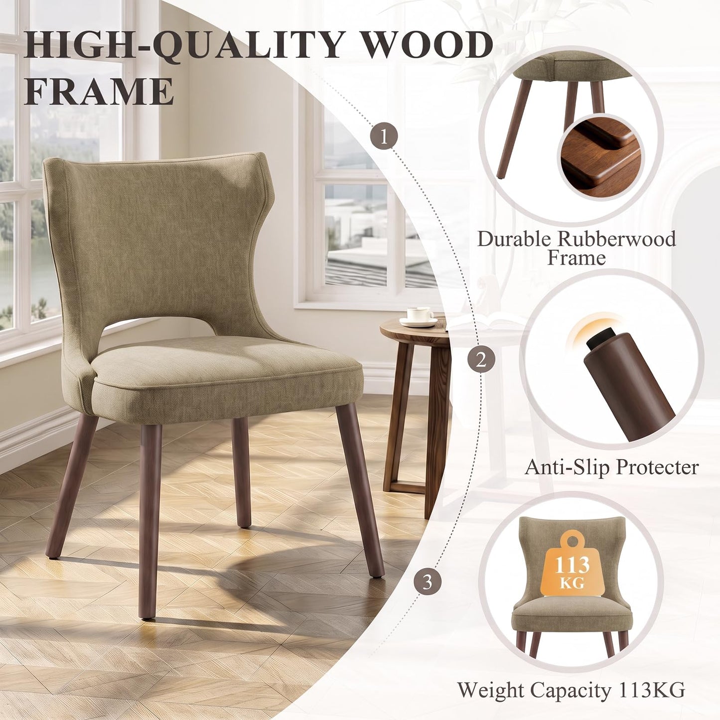 MALOL Upholstered Dining Chairs Set of 2, Dining Room Chairs with Hollow Backrest, High Back Kitchen Chairs with Solid Wood Legs, Thick Seat Cushion
