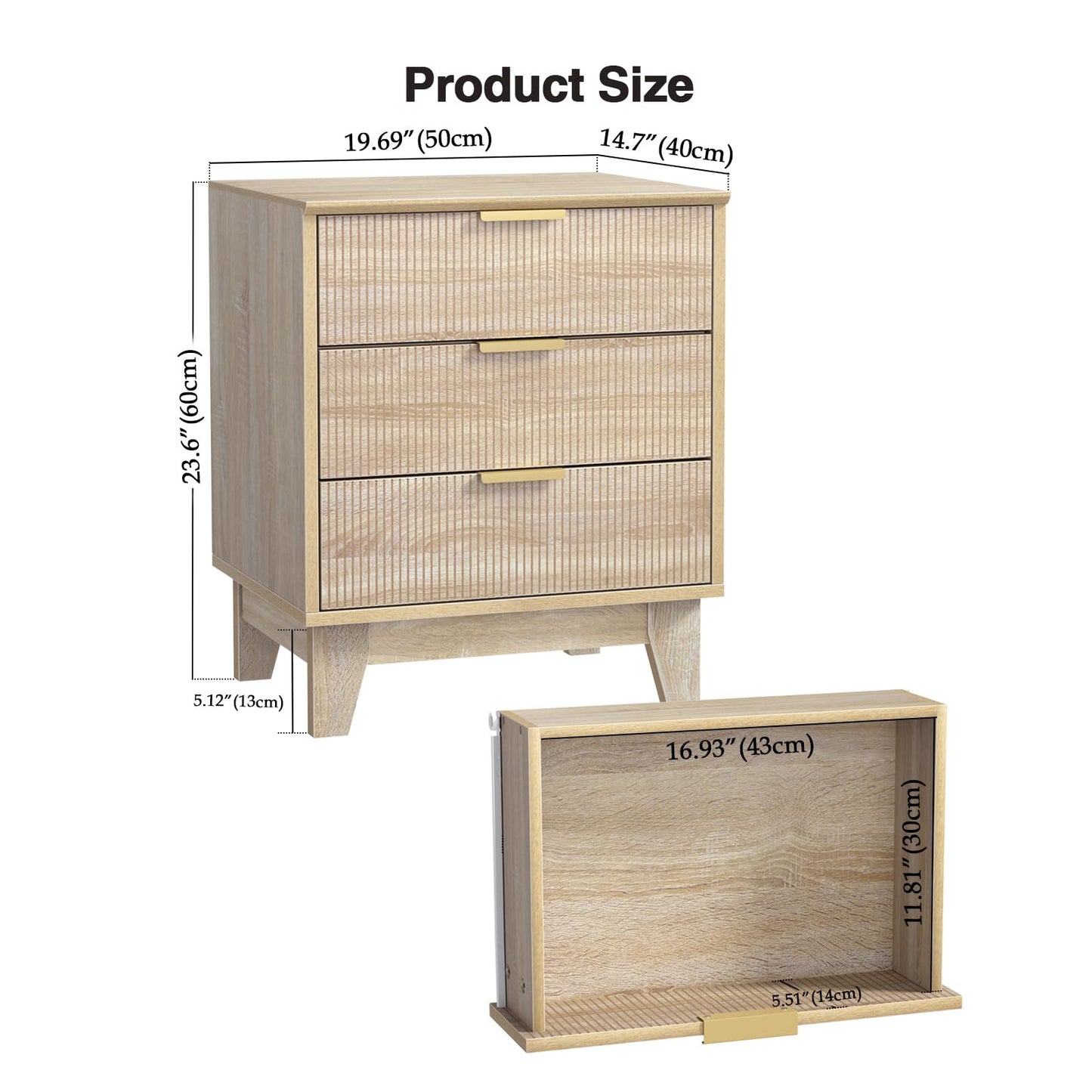 Yvsevnr Fluted Bedside Tables with 2 Drawer, Flexible Open Compartment, Wooden Sofa Side Table End Tables with Metal Handle Nightstand for