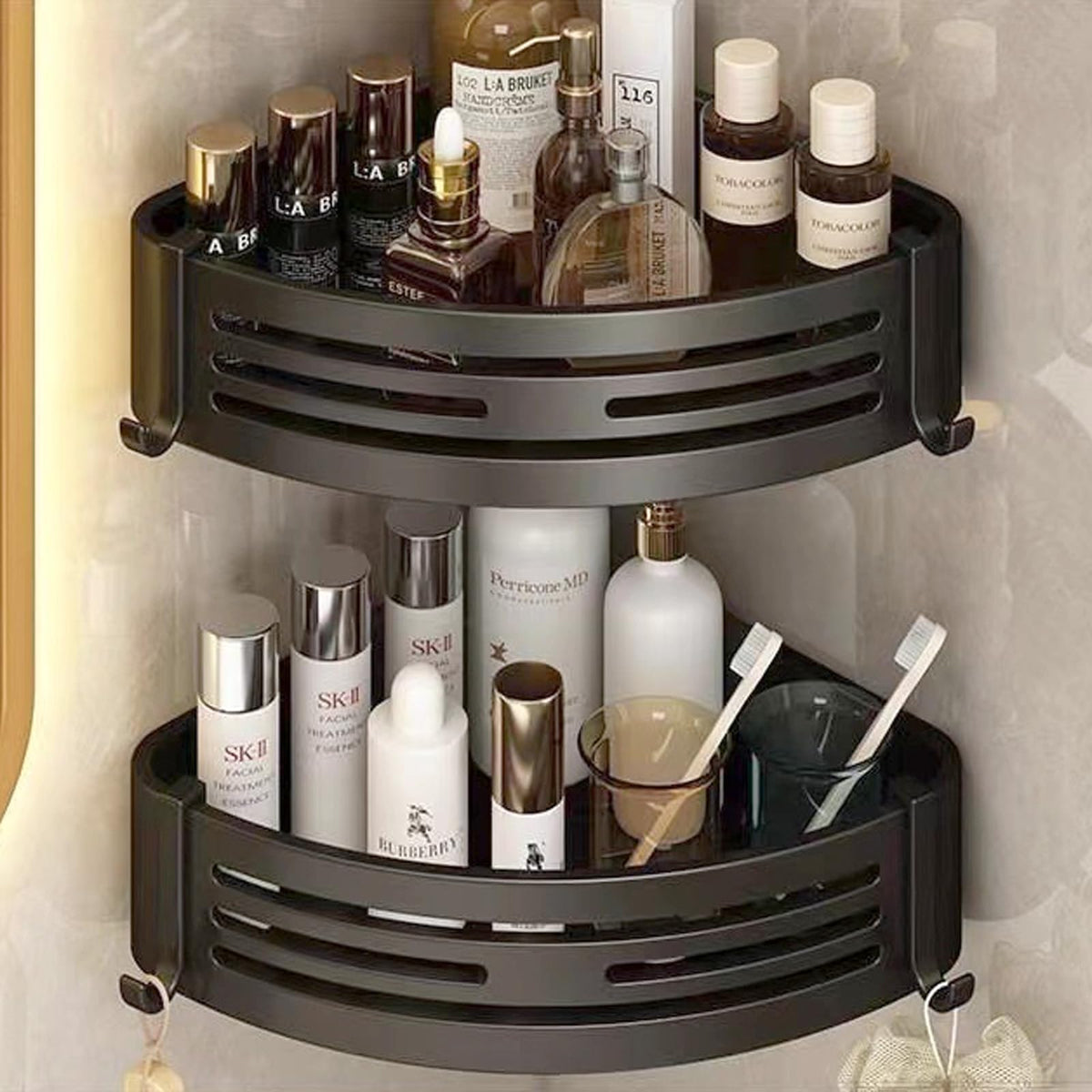 2-Tier Corner Shower Shelf with Hooks - No Drill Caddy, Strong Space Saving Bathroom Storage Organiser, Black Bathroom Accessories for Shower, High