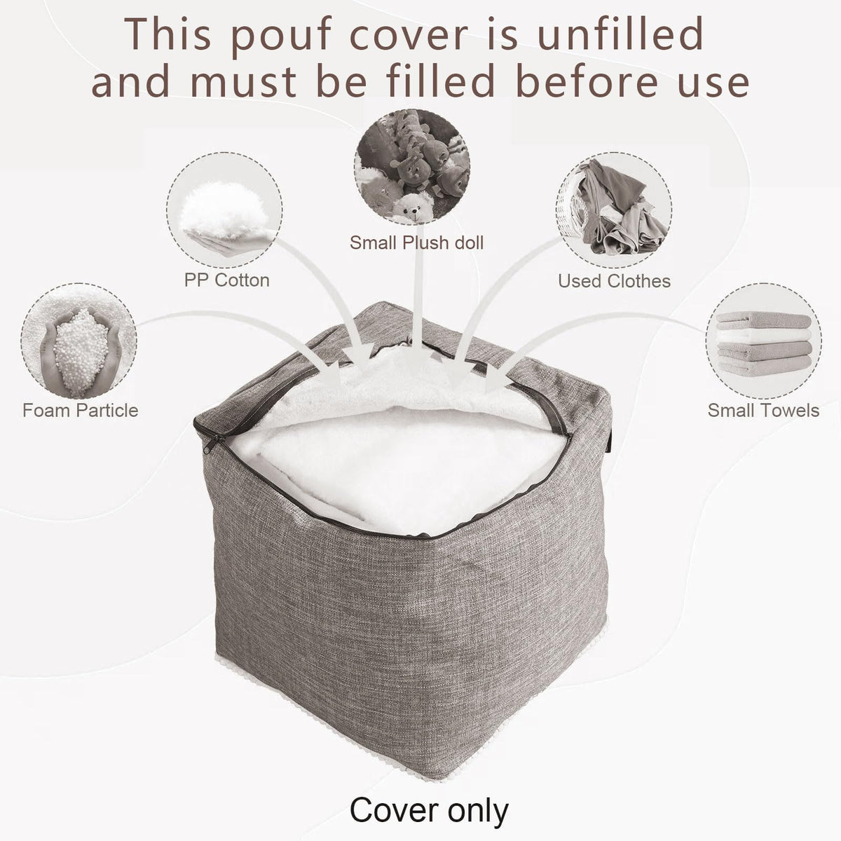 Louis Donné UNSTUFFED 15 Inch Square Ottoman Pouf Cover Soft Handwoven, Removable Washable Foot Rest Footstool for Bedroom Living Room NOLY COVER