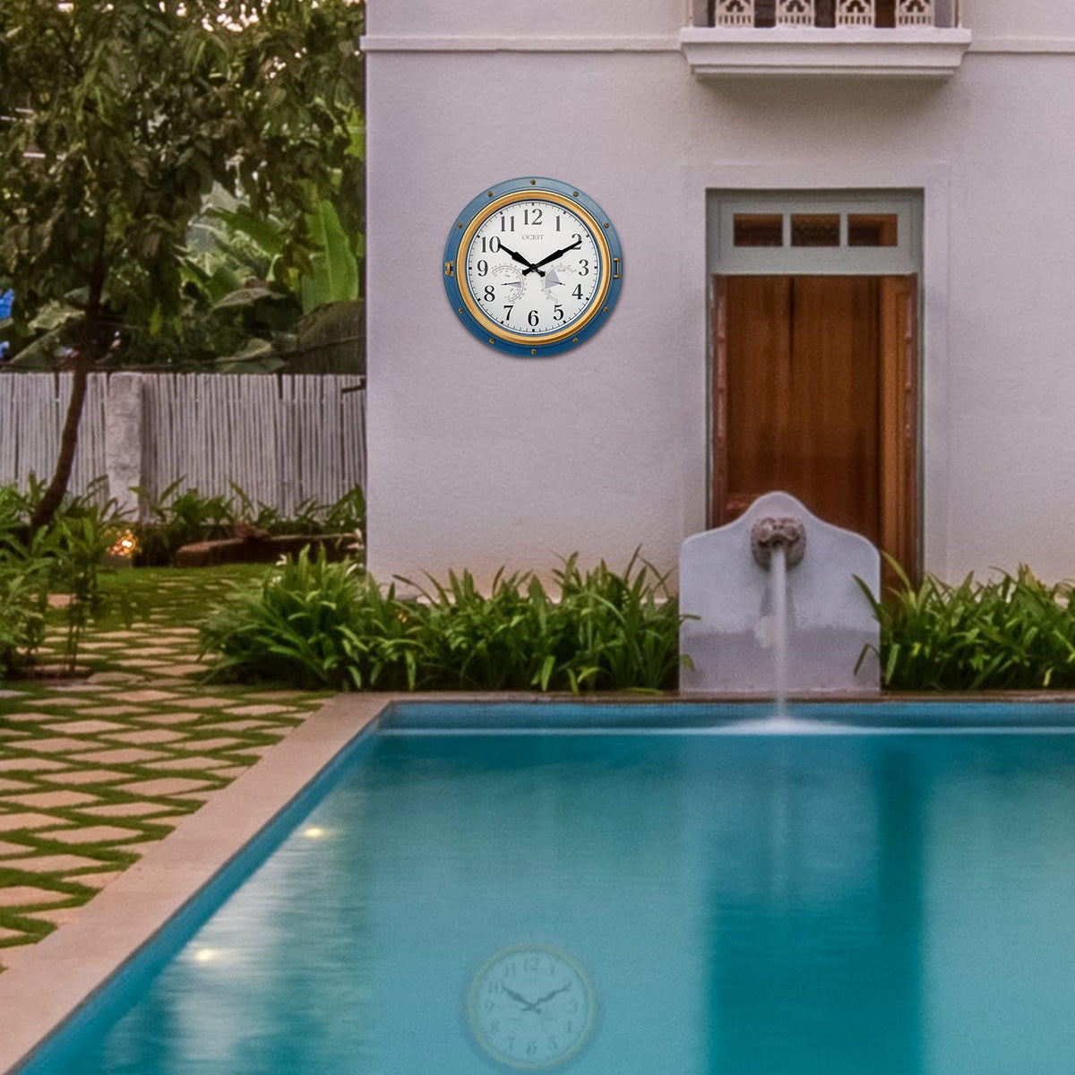 OCEST 16 Inch Garden Clocks Outdoor Waterproof, Large Thermometer, Hygrometer, Retro Design, Non-Ticking Battery Operated for Home Decor Patio (Blue)