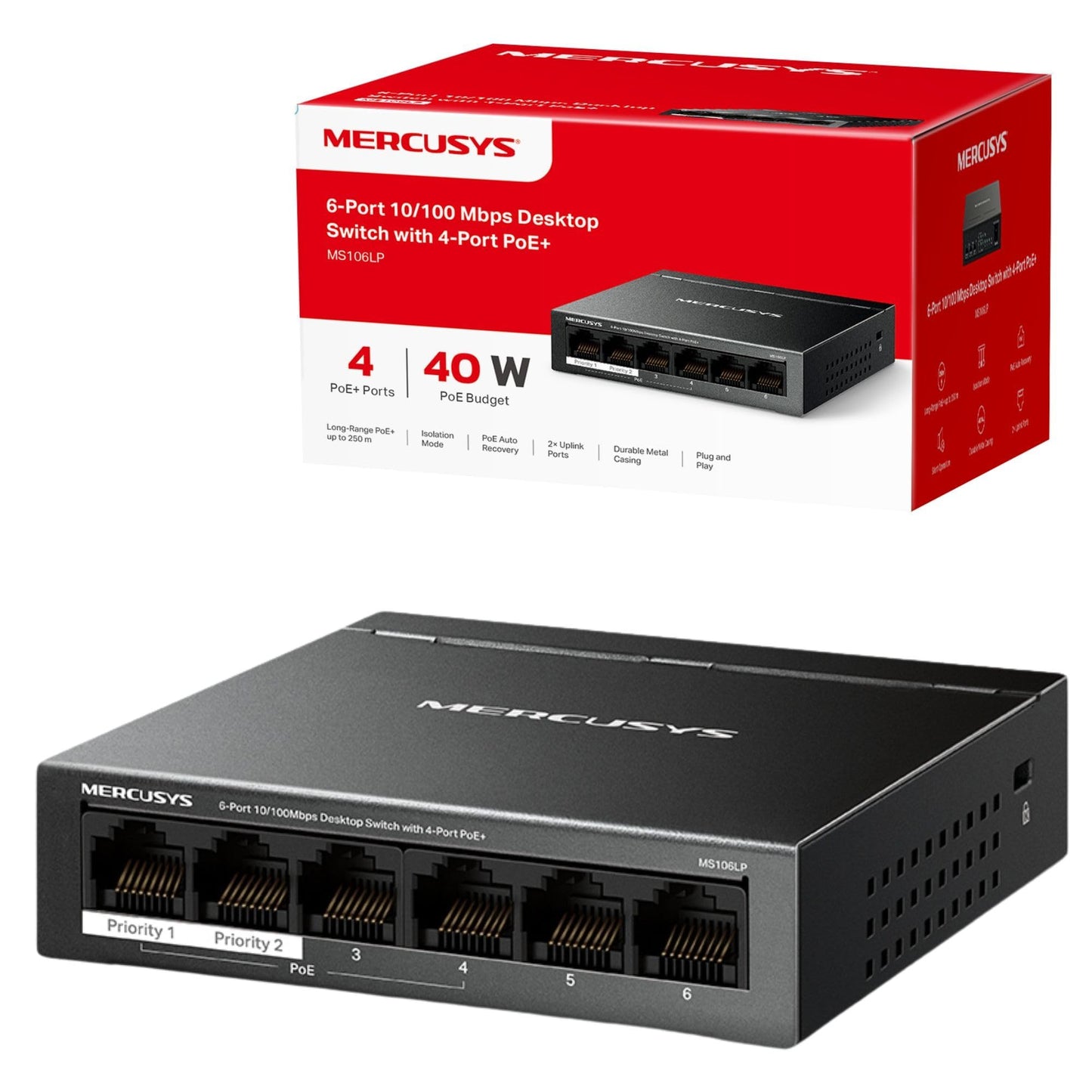 MERCUSYS MS106LP 6-Port 10/100Mbps Network Switch with 4-Port PoE+, Ethernet Splitter PoE Power up to 30 W, Compatible with 802.3af/at PDs, Power
