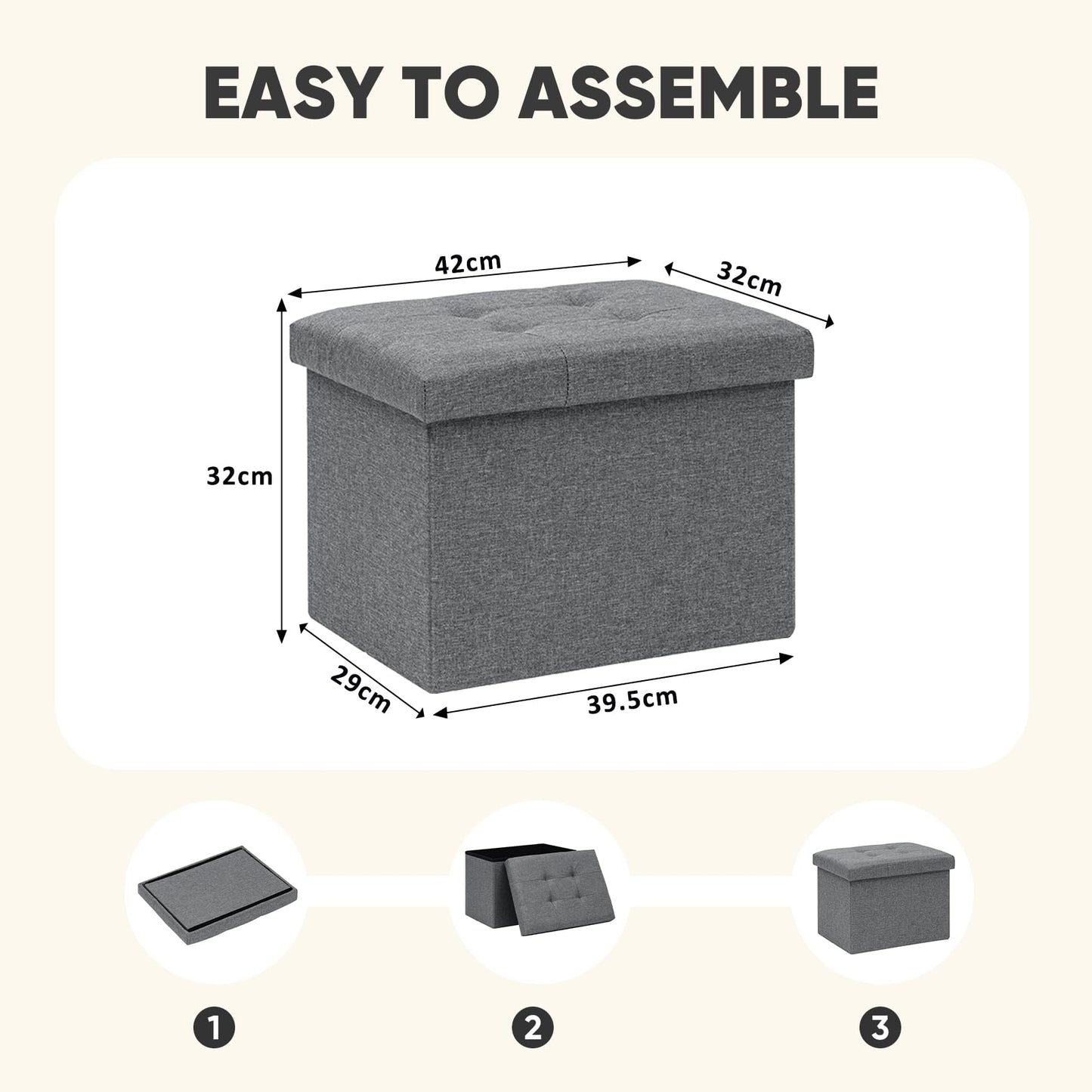 PINPLUS Linen Ottoman Storage Box with Lid, 42x32x32 cm, Grey