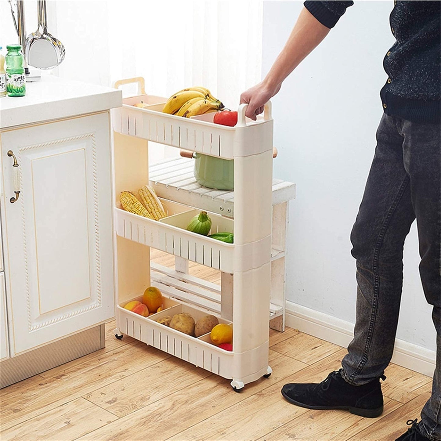 10cm Wide Kitchen Cart, White Shelving Unit, Storage Trolley with Wheels for Kitchen Bathroom Office Laundry, with Handles, with Extra Hooks