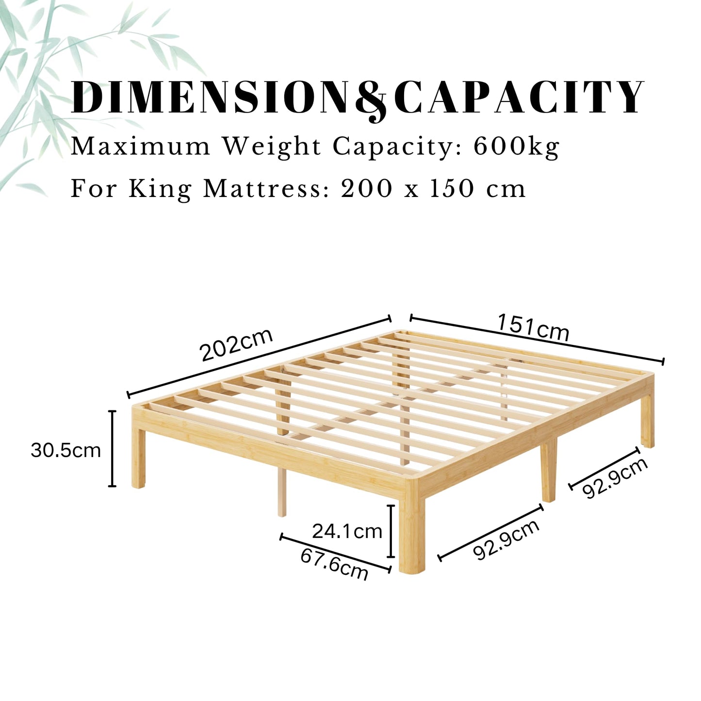 QFtime Bamboo Wood King Size Bed Frame with Metal Slats Support, Platform King Bed Frame, Easy to Install, Noise Free, Sturdy, 30.5 cm High