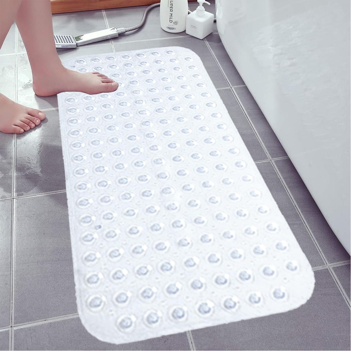 Bathroom Mat - Soft PVC Non Slip Shower Mat Non Slip Anti Mould Strong Grip with Suction Cups & Drain Holes - Antibacterial Easy Drying Mat (38 x 70