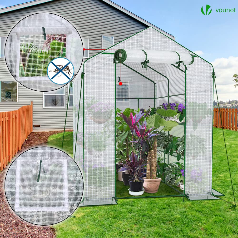 VOUNOT? Walk In Greenhouse with Shelves, Roll up Zip Panel Door Garden Plastic Polytunnels Grow House for Outdoor Use, White 143x215x195cm