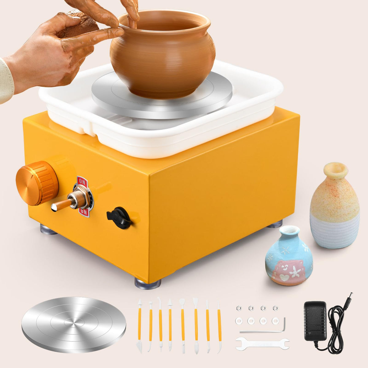 Mini Pottery Wheel, Ovshnrr 2 Plates Turntable 10/6.5cm Pottery Machine, 2000RPM Adjustable Speed Pottery Wheel with Shaping Tools for Pottery DIY,