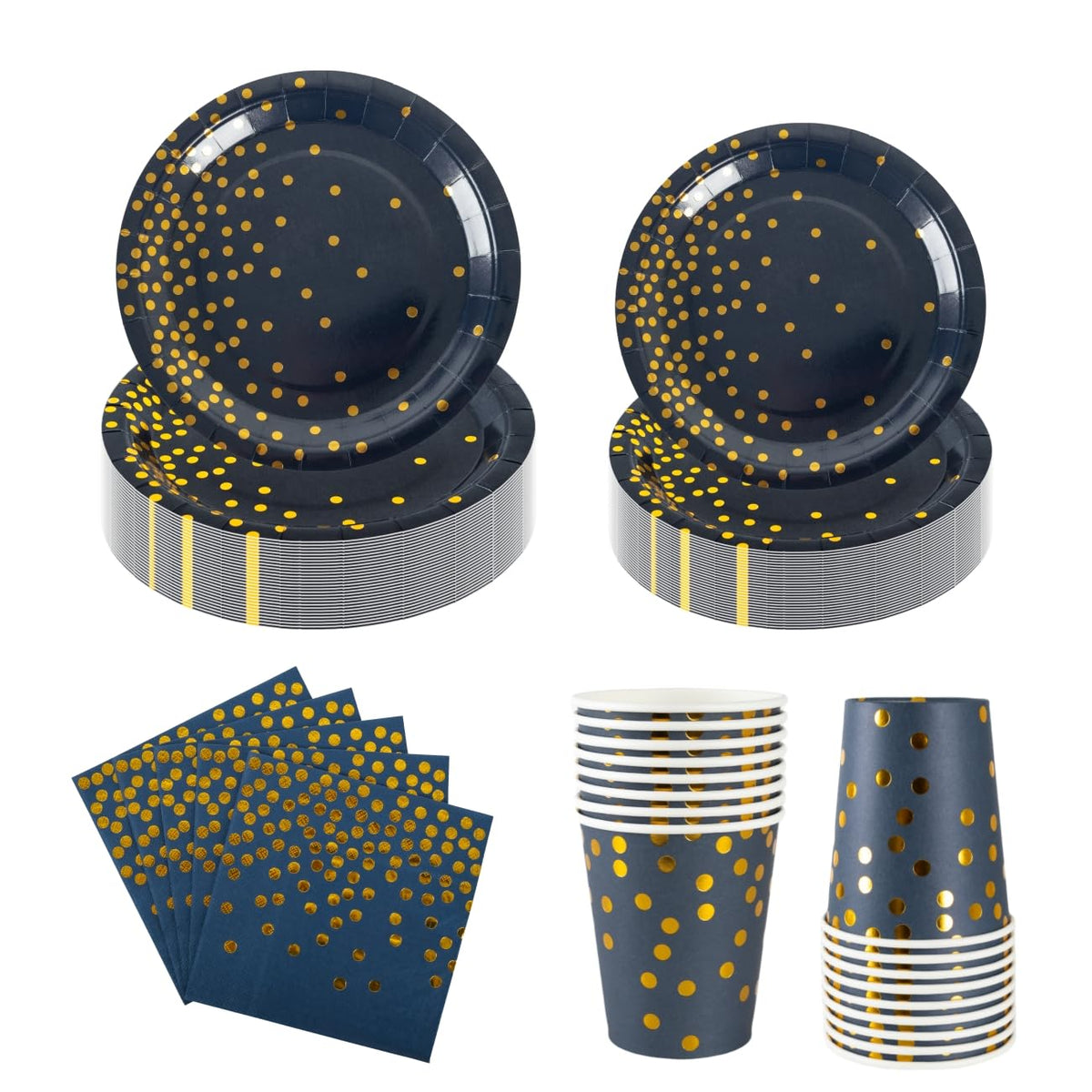 100PCS Navy Blue Party Tableware Set, CEILIWEN Royal Blue and Gold Polka Dot Party Tableware Includes Plates, Napkins, Cups, Blue Gold Party Supplies