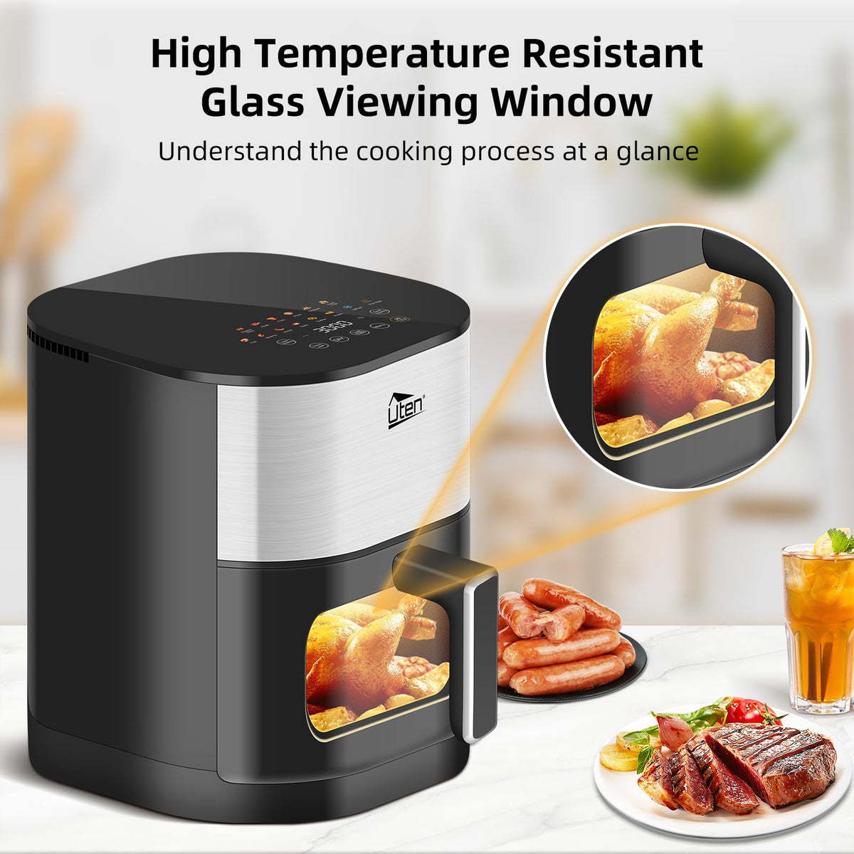 Uten Dual Blaze Air Fryer 5.5L Visual Window, Color Screen, 14 Pre Menus, Delayed Start, Stainless Oil Net, 2 Fast Heaters Independently Controllable,