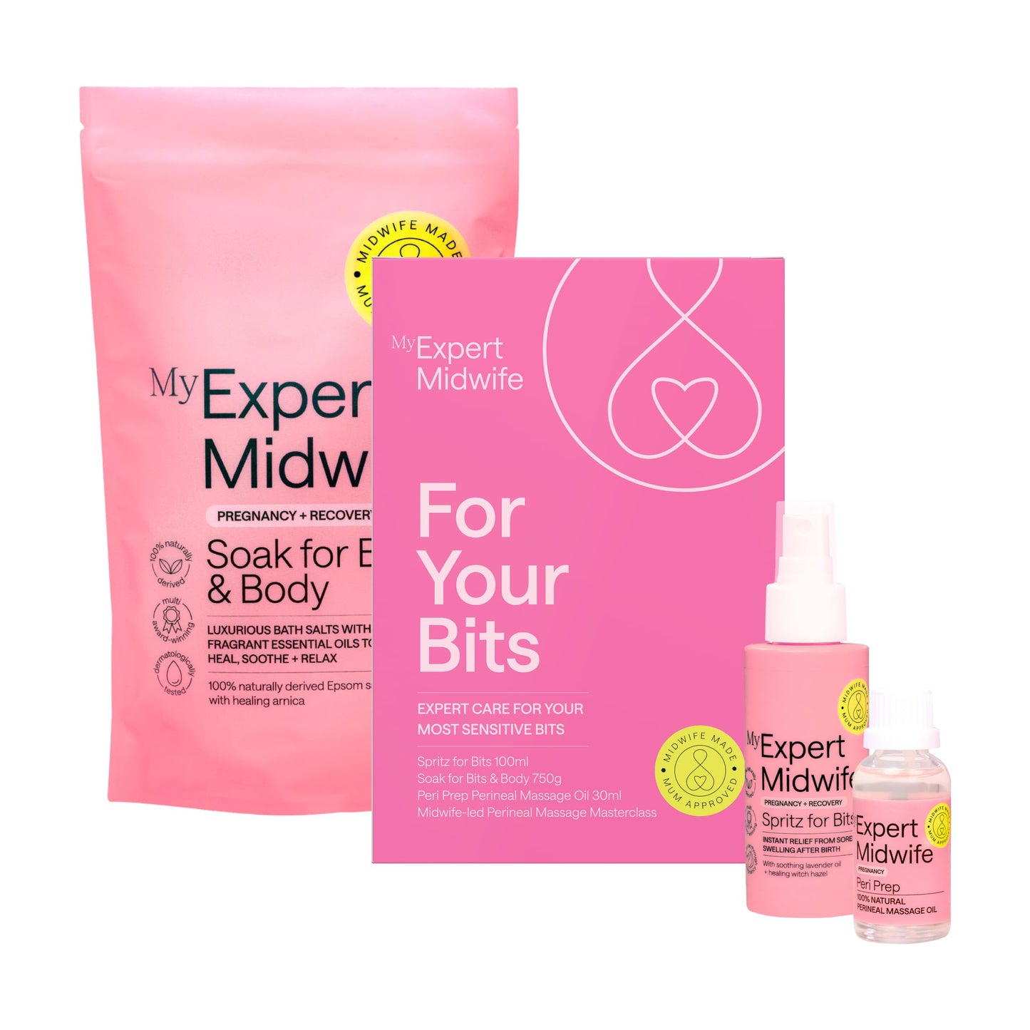 My Expert Midwife For Your Bits Gift Set, Prep & Post-Birth Recovery Care for Your Perineum, with Spritz for Bits Postnatal Relief Spray, Peri Prep