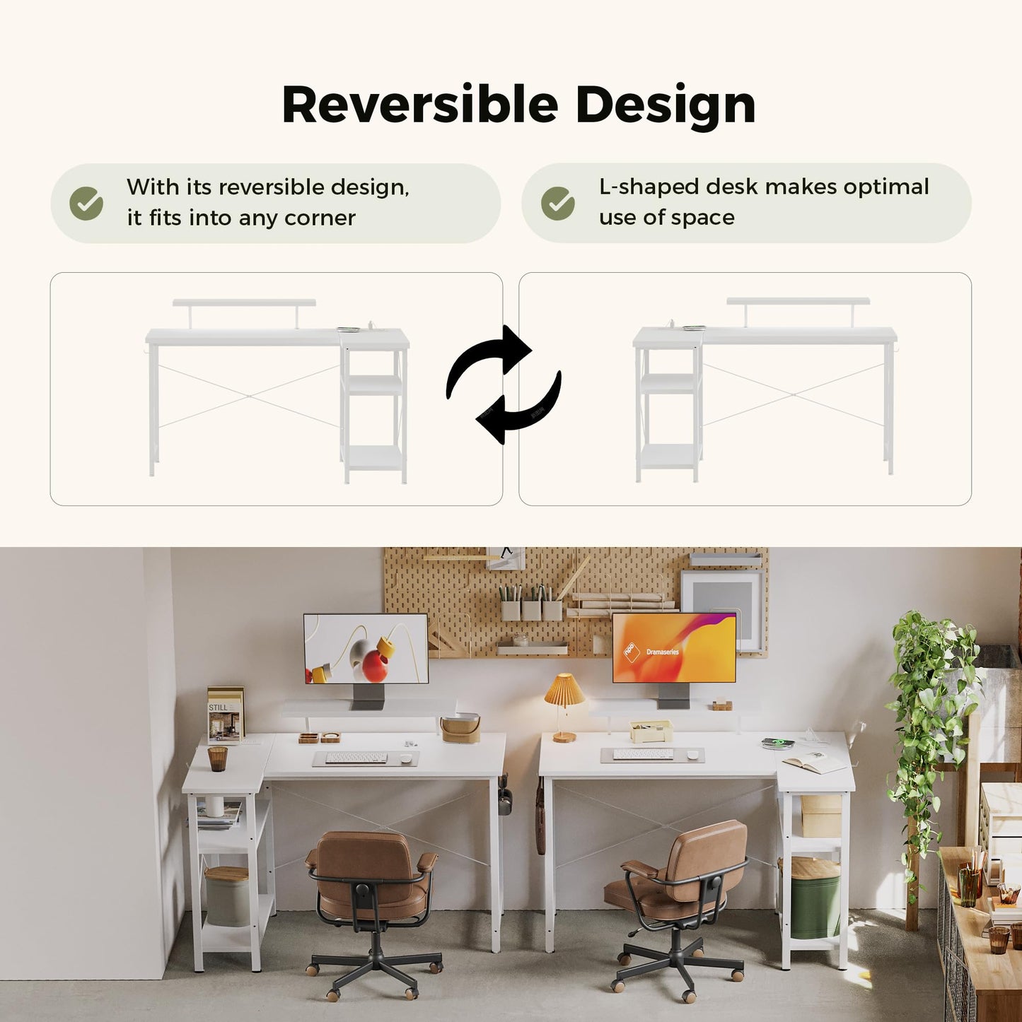 Mericonia Reversible Corner Desk, w. Led & Power Outlets, 140x70cm, White