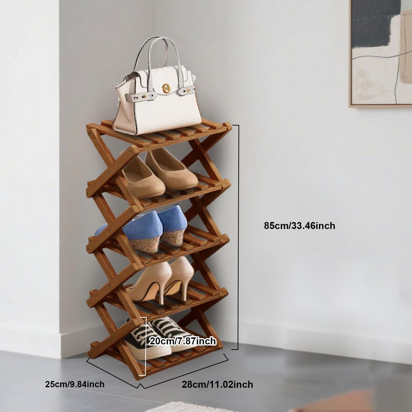 XUDREZ Wooden Folding Shoe Rack, Space Saving Bamboo Storage Organiser, Without Installation Narrow Shoe Stand for Small Spaces and Corners