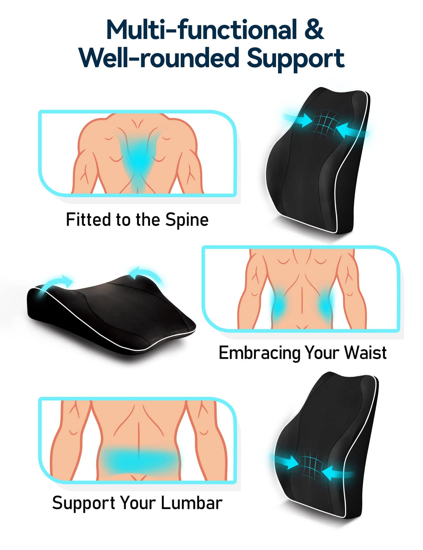 Travel Ease Ergonomic Lumbar Support Cushion, Memory Foam Back Support Cushion for Office Chairs with Skin-friendly Cover for Comfort (Black)