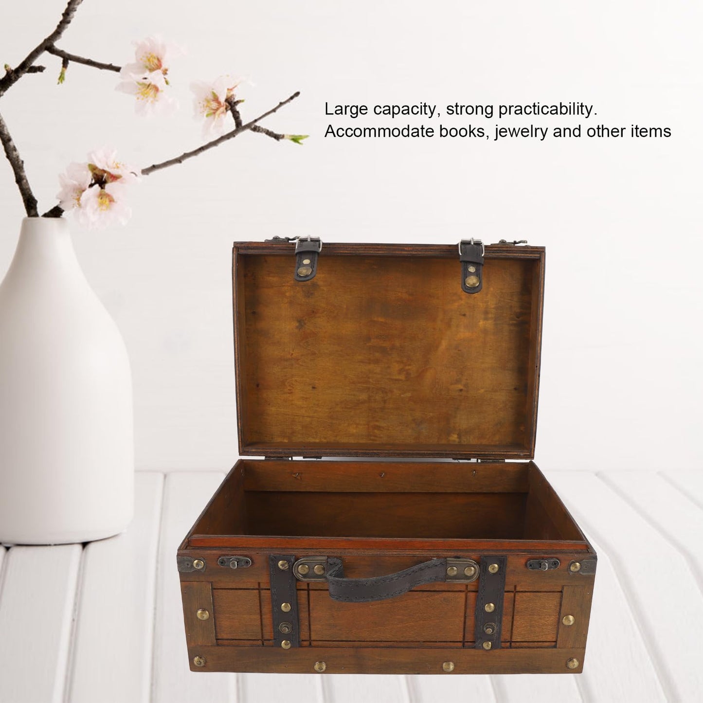 Fockety Pirate Treasure Chest Storage Box, 11-13in Vintage Wooden Treasure Chest with Hinged Lid