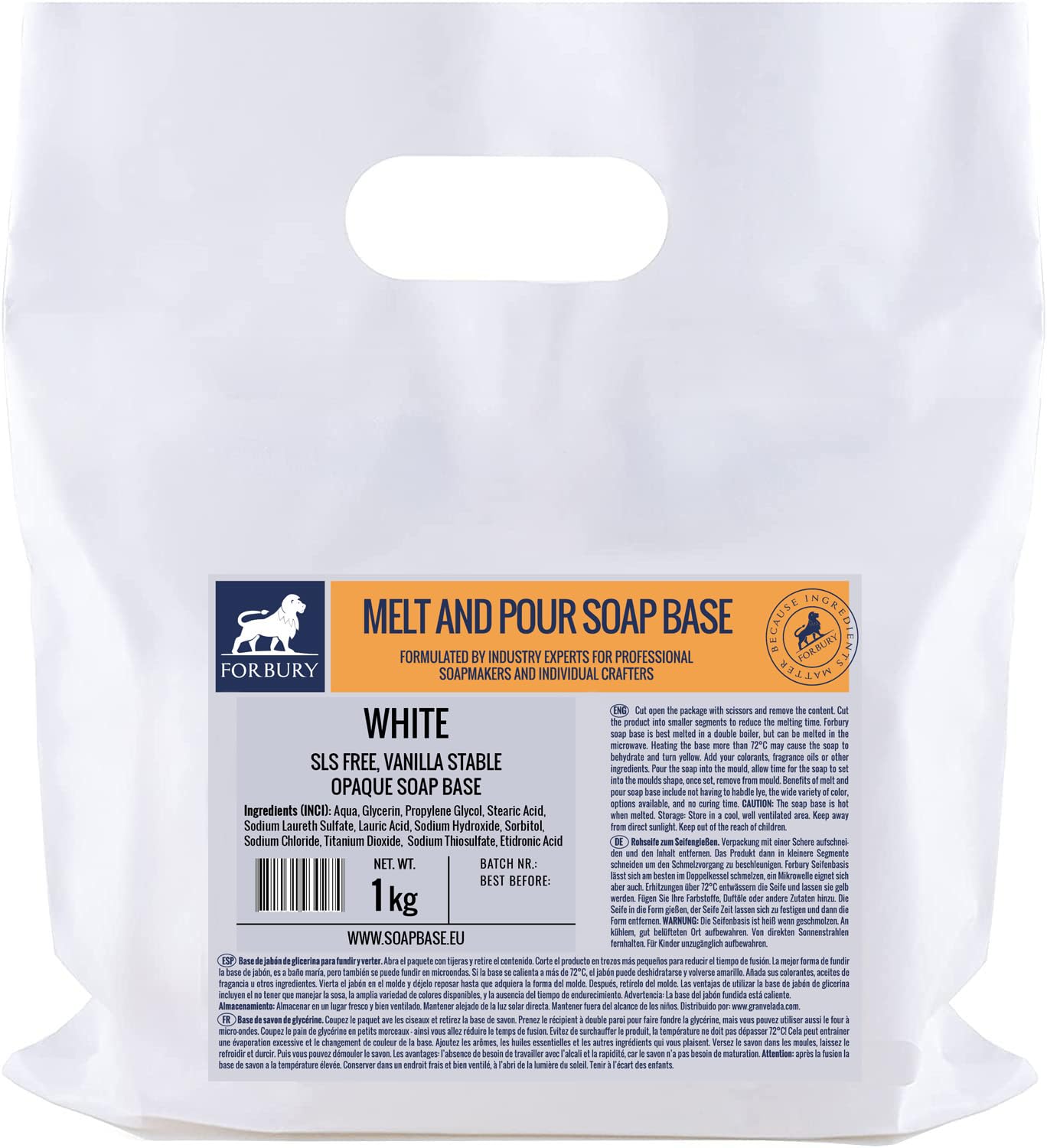 Forbury 1kg Soap Base White Opaque. Melt and Pour soap-Making