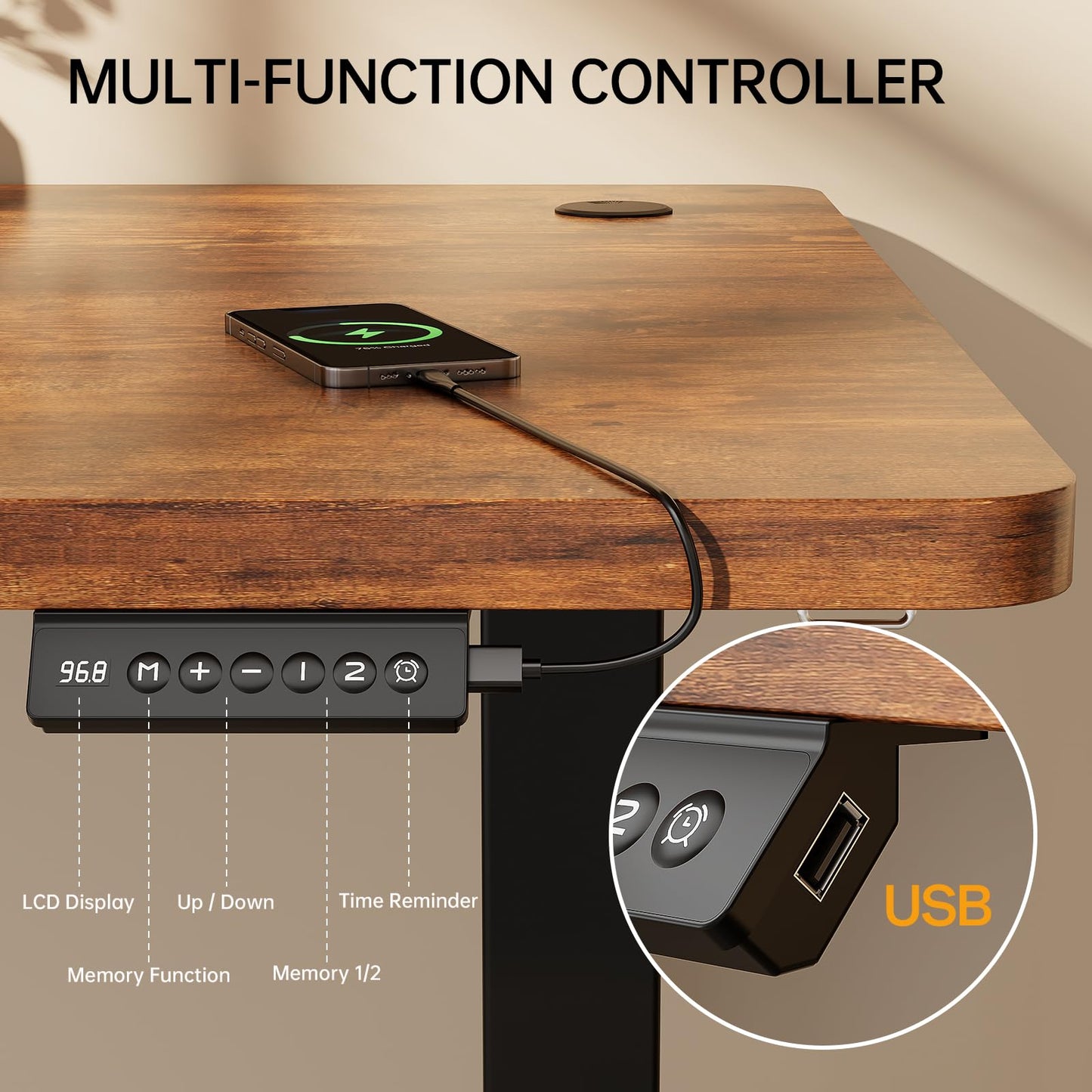 Homall Electric Height Adjustable Desk, Adjustable Height Office Desk with USB Ports, 100x60cm, Home Office with Splice Board, Rustic Brown