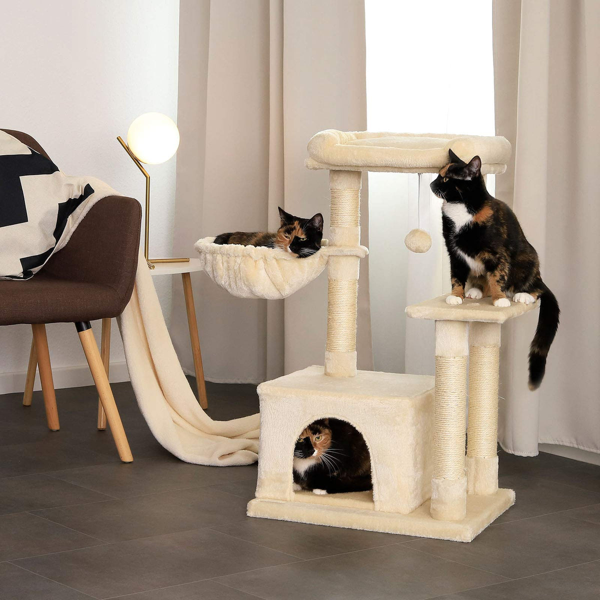 lionto Cat Scratching Post with Plush Ball and Lounger Height 85 cm Cat Tree with Sisal & Plush, Cosy Lying Surface & Cave, Includes Wall Bracket,
