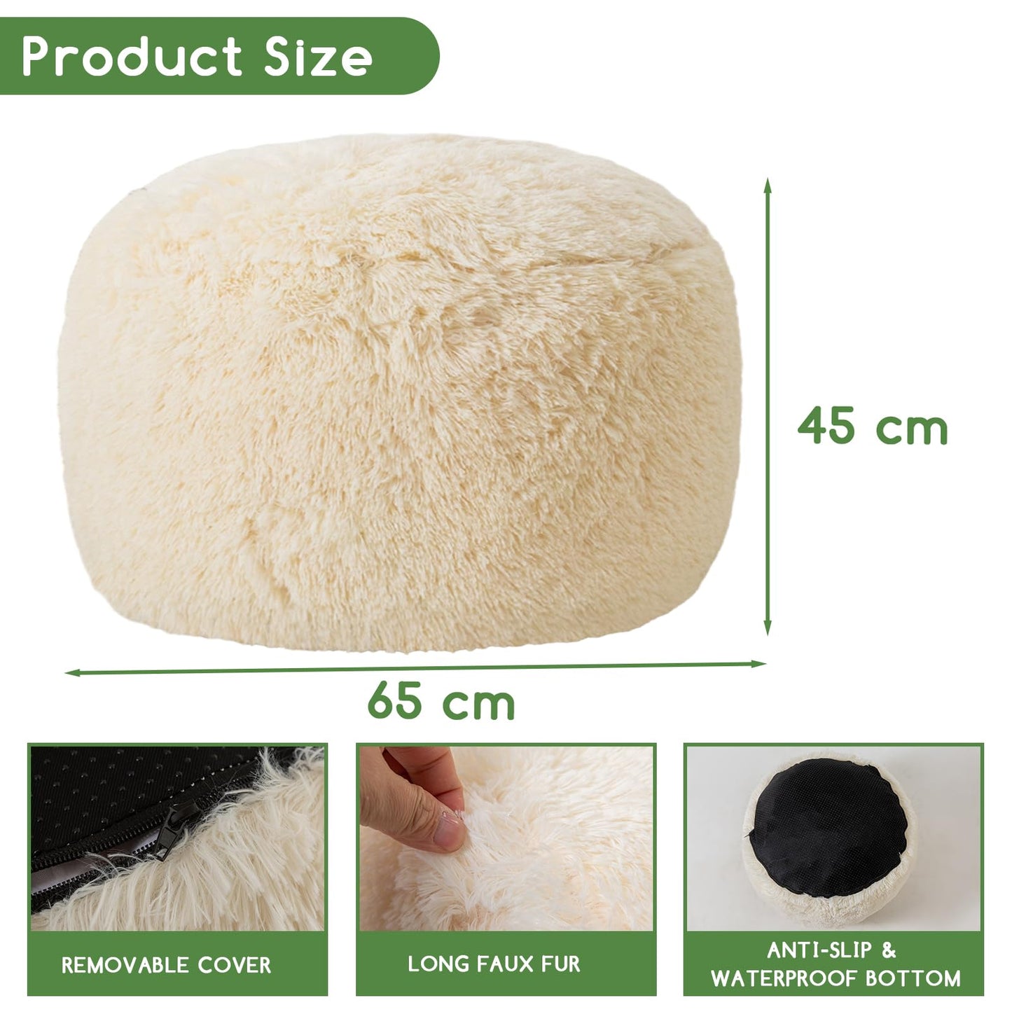 HIGOGOGO Faux Fur Beanbags Round Footstool Bean Bag Pouf with Foam Chunk Filling, 65 x 45 cm Floor Poufs Foot Rest for Living Room, Beige