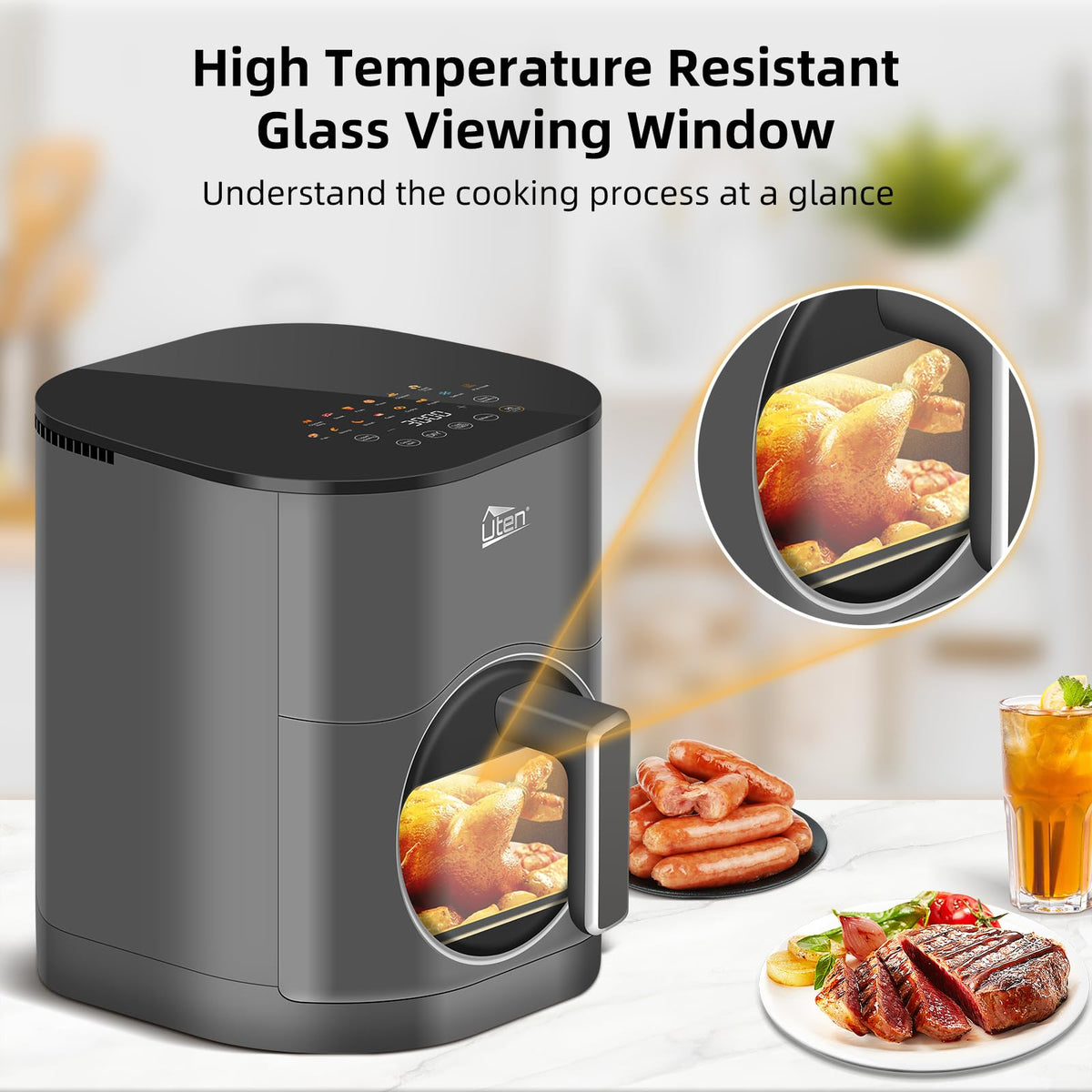 Uten Dual Blaze Air Fryer 5.5L Visual Window, Color Screen, 14 Pre Menus, Delayed Start, Stainless Oil Net, 2 Fast Heaters Independently Controllable,