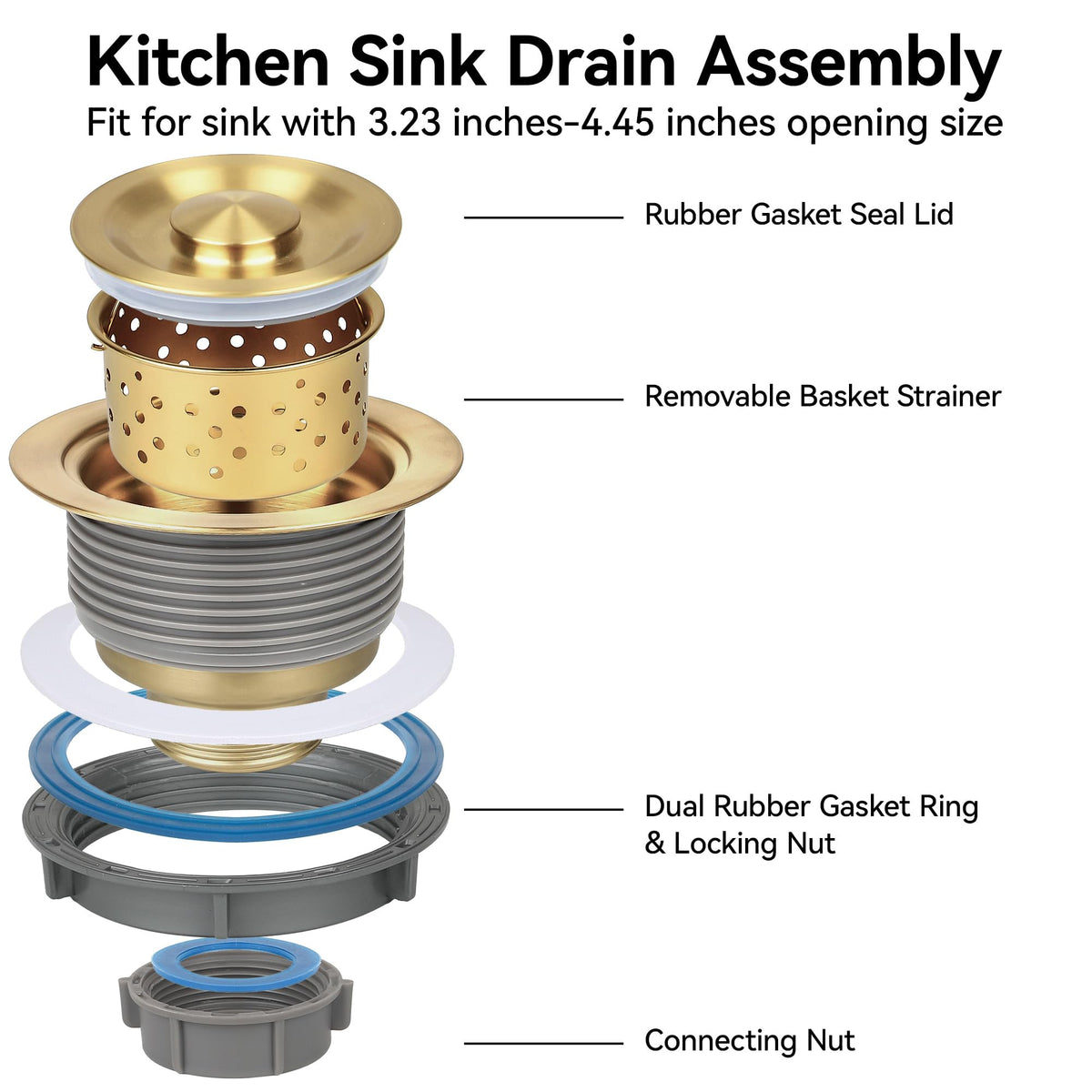 LQS Kitchen Sink Drain Strainer Assembly, Sink Drain 304 Stainless Steel with Removable Deep Waste Basket and Sealing Lid 3-1/2-inch Golden