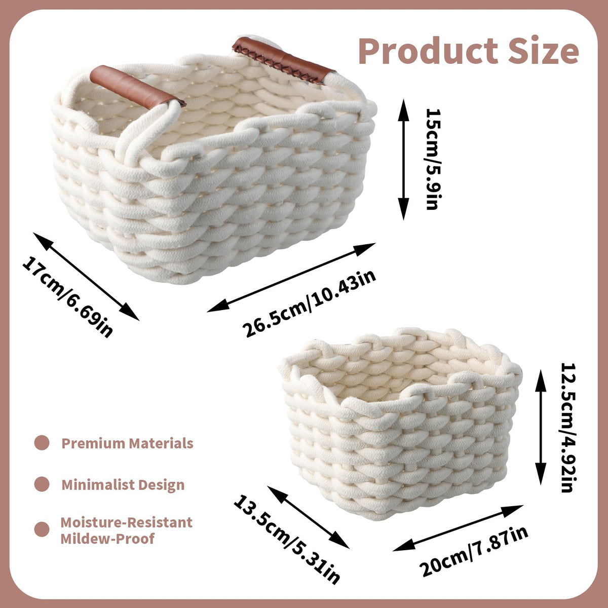 Elegant Braided Storage Basket Set of 2 – Washable and Foldable Cotton Rope Organiser Baskets with Leather Handles for Accessories, Cosmetics